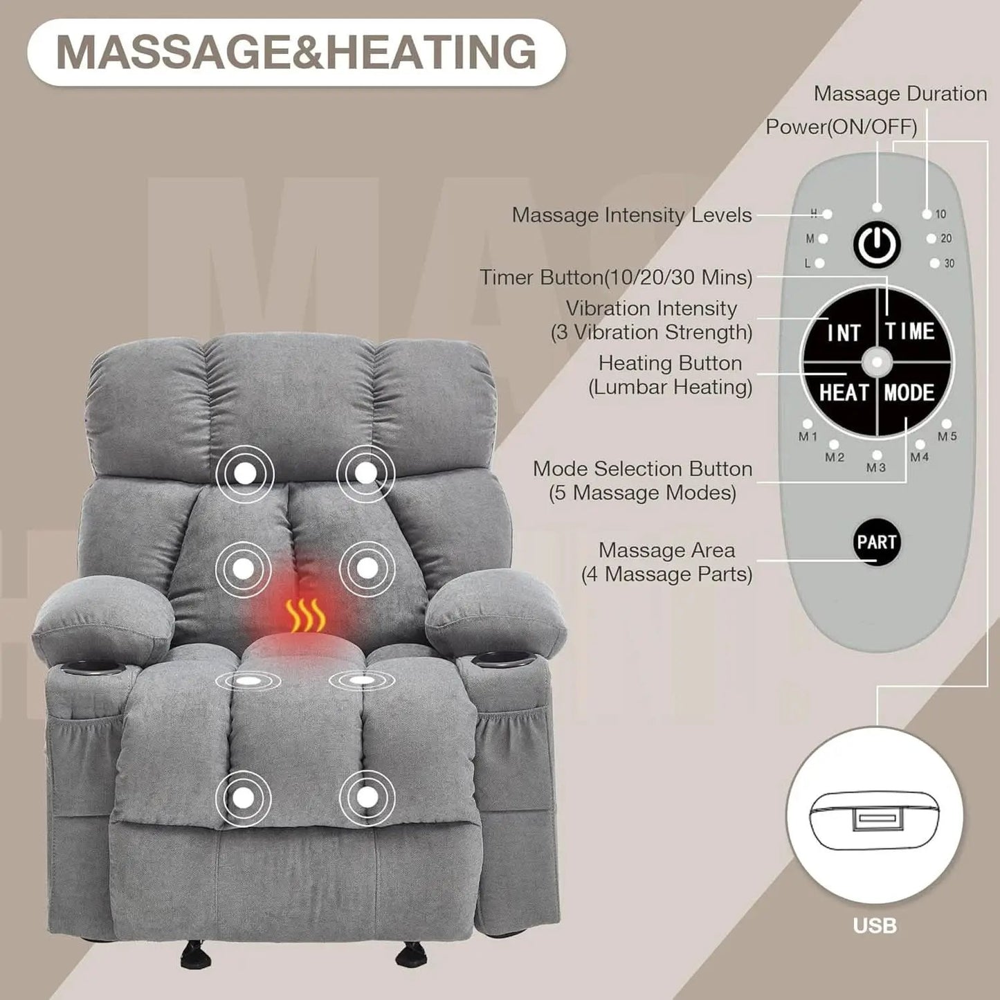 Massage Rocker Recliner Chair With Heat And Vibration Grey from PriceLows™