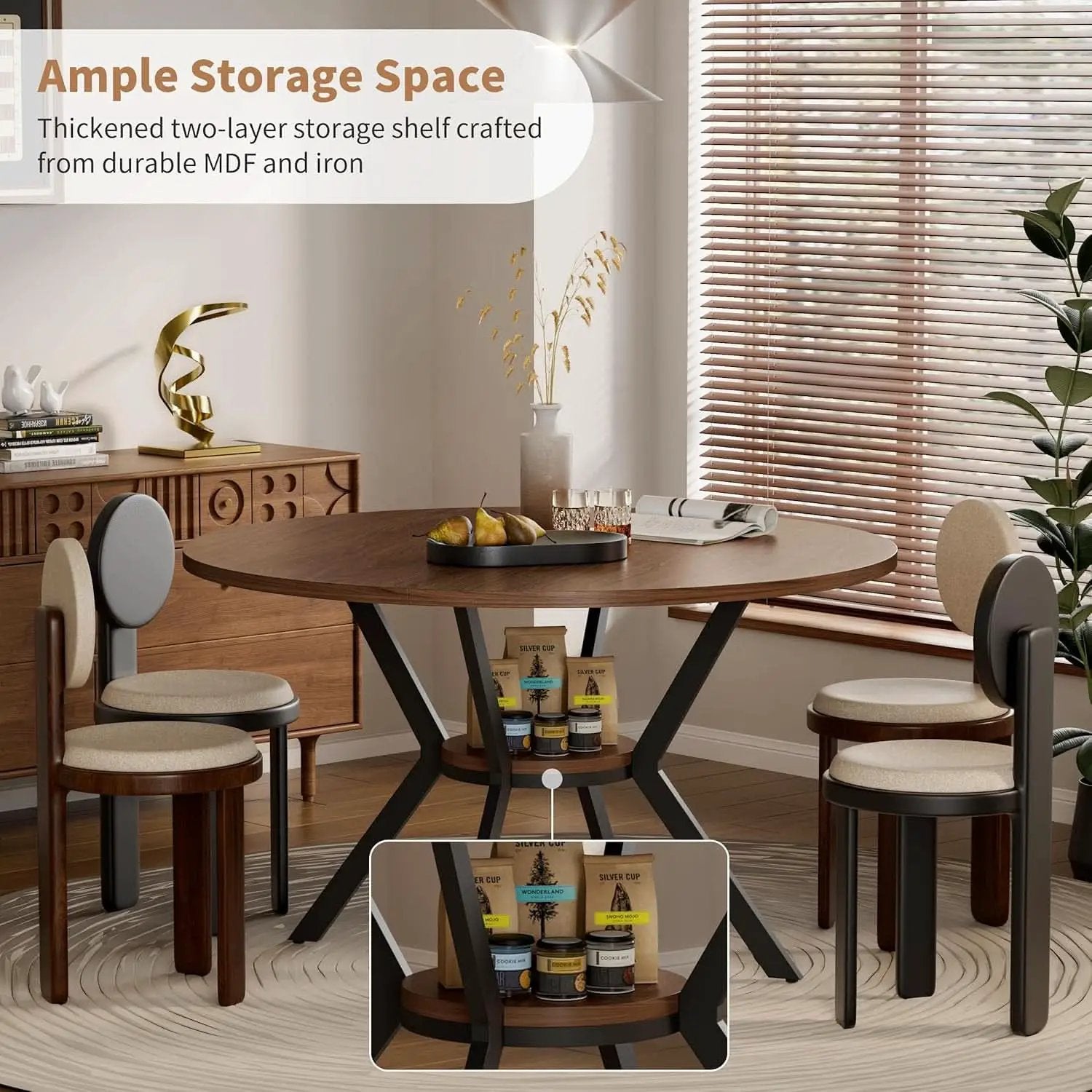 42 Inch Round Dining Table Walnut With Built In Storage from PriceLows™