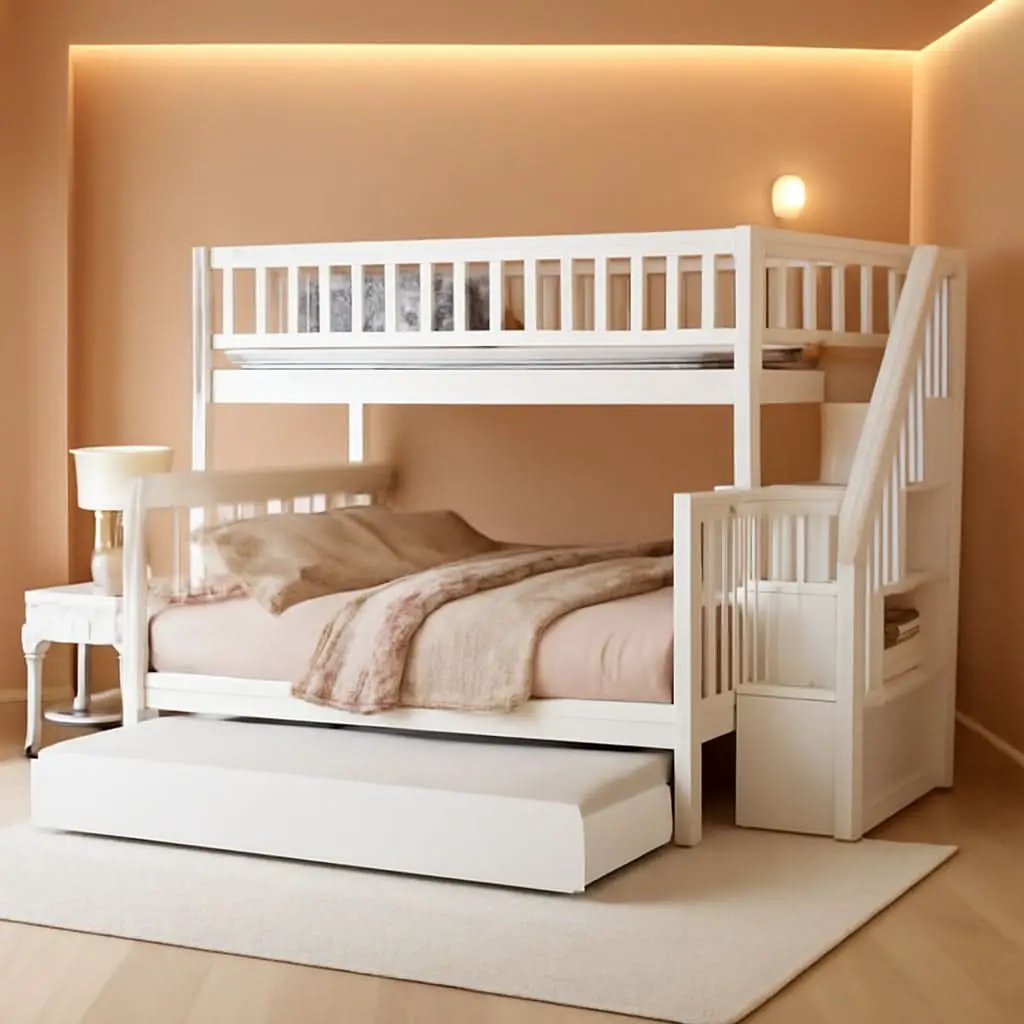Twin Over Full Bunk Bed With Stairs And Trundle White Wood from PriceLows™