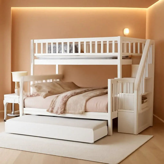 Twin Over Full Bunk Bed With Stairs And Trundle White Wood from PriceLows™