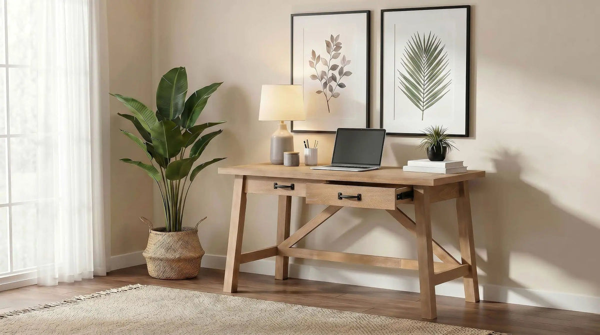 Fabian 54-inch 2-drawer Computer Writing Desk Distressed Light | 54 x 23.25 x 30 in | Rubberwood & Engineered Wood | Brown