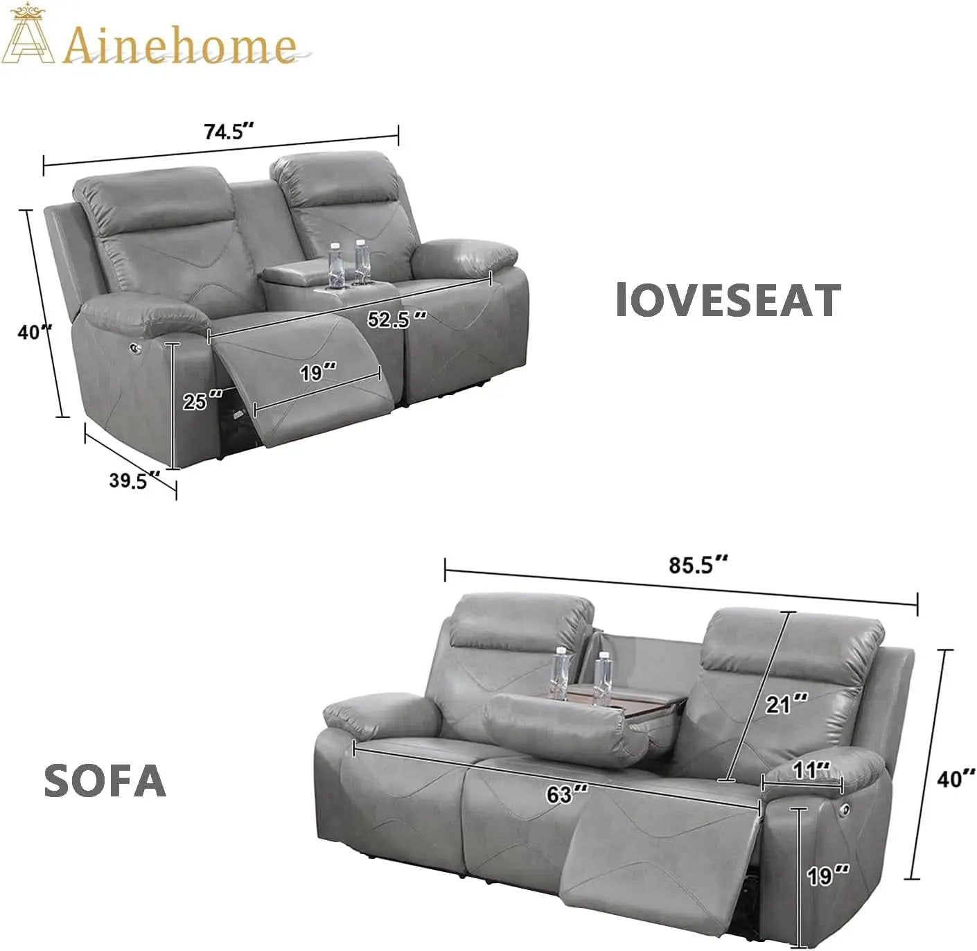 Power Leather Recliner Sofa Set, 2 Piece With LED Lights And USB Ports, Grey from PriceLows™