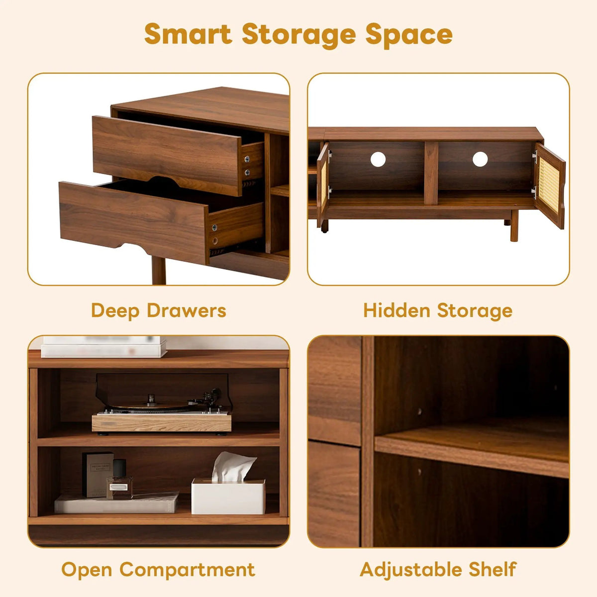 85 Inch TV Stand | Media Console With 2 Drawers | Woven Rattan Panels | Walnut
