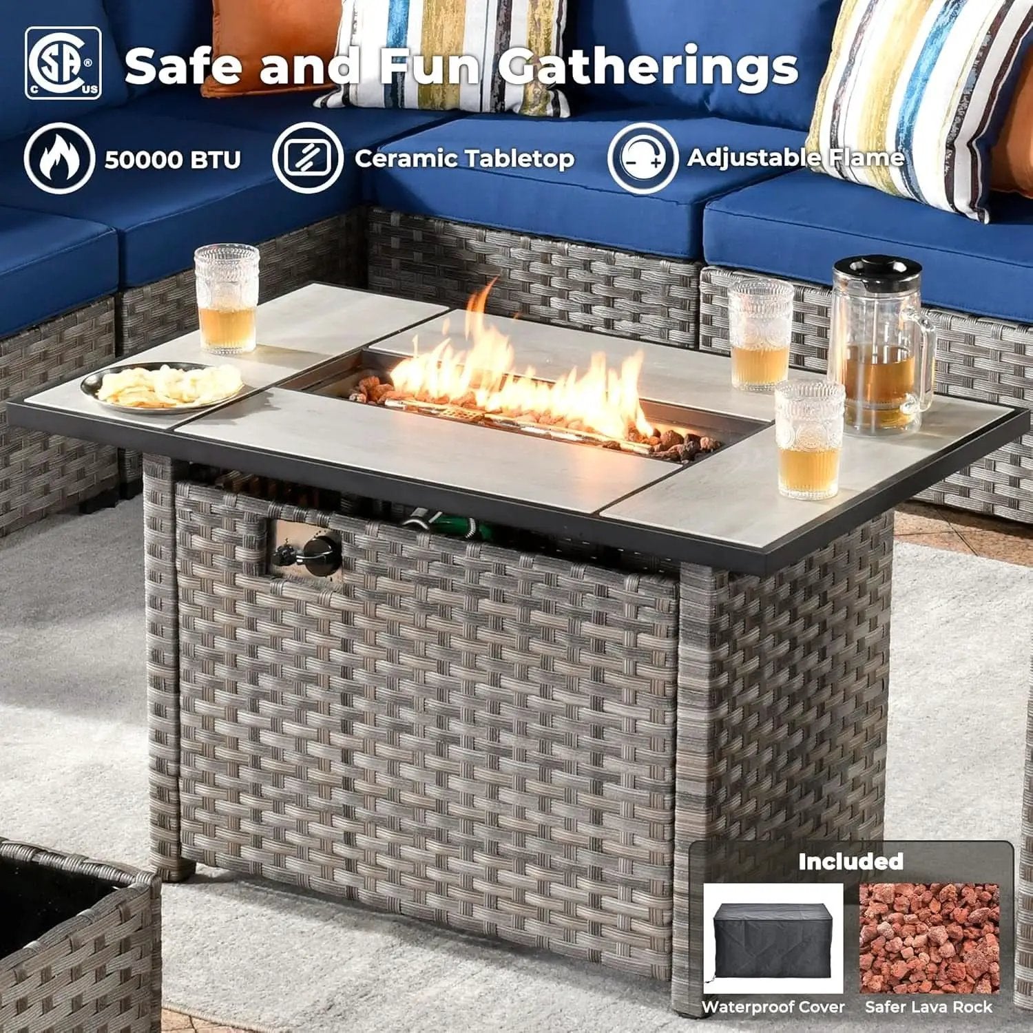 Nine Piece Outdoor Wicker Sofa Set With Fire Pit from PriceLows™