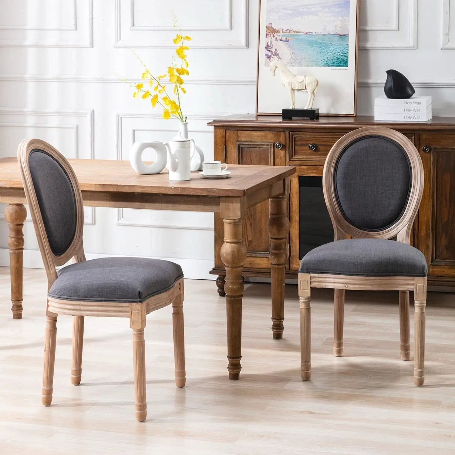 French Country Oak Upholstered Dining Chairs Set Of 6 from PriceLows™