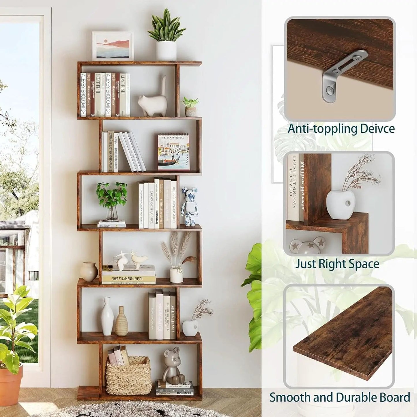 Geometric Bookcase 6 Tier S Shaped Rustic Brown Wood Shelf from PriceLows™