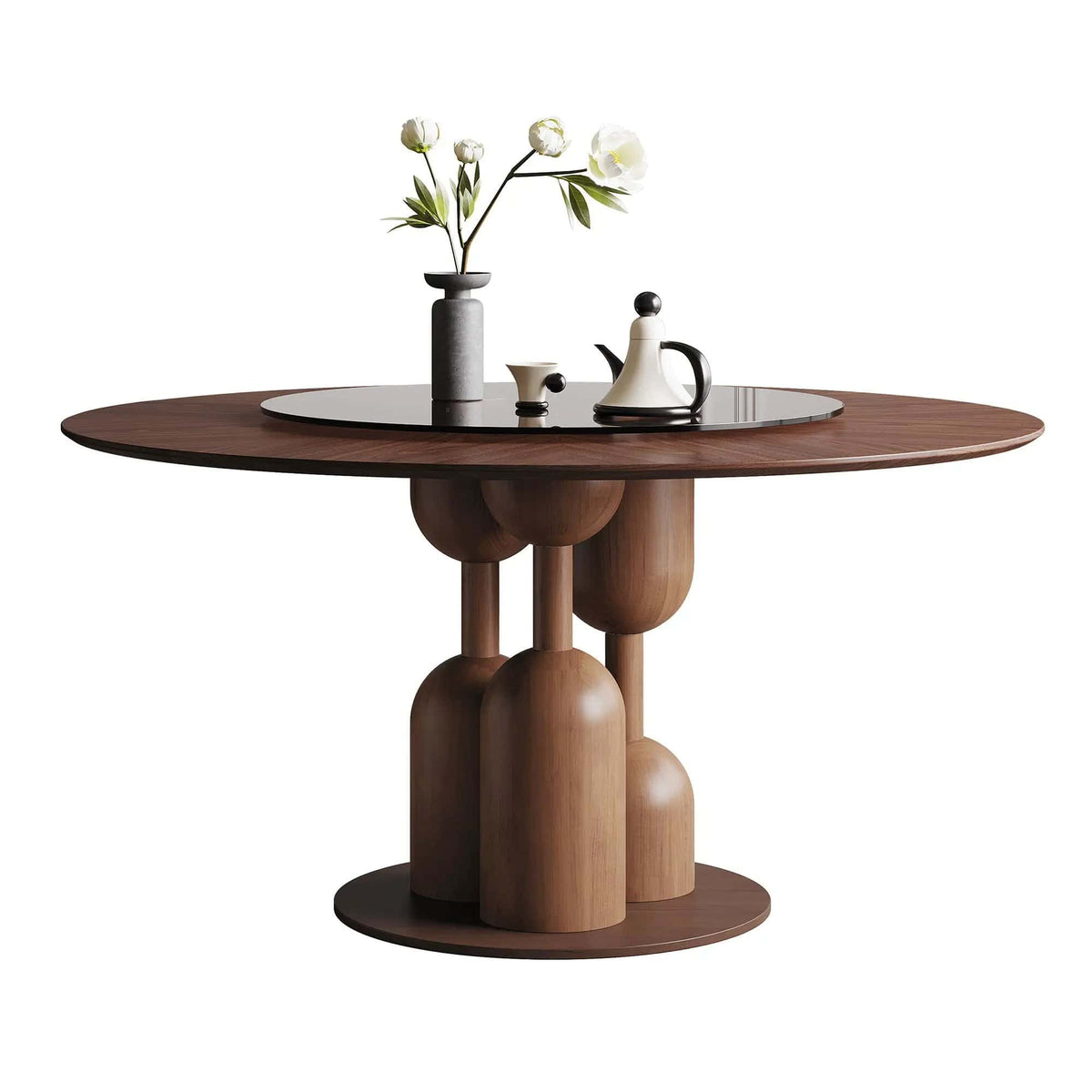 Round Dining Table With Lazy Susan For Living Room - | 59 x 59 x 29.5 in | Walnut & Wood | Walnut