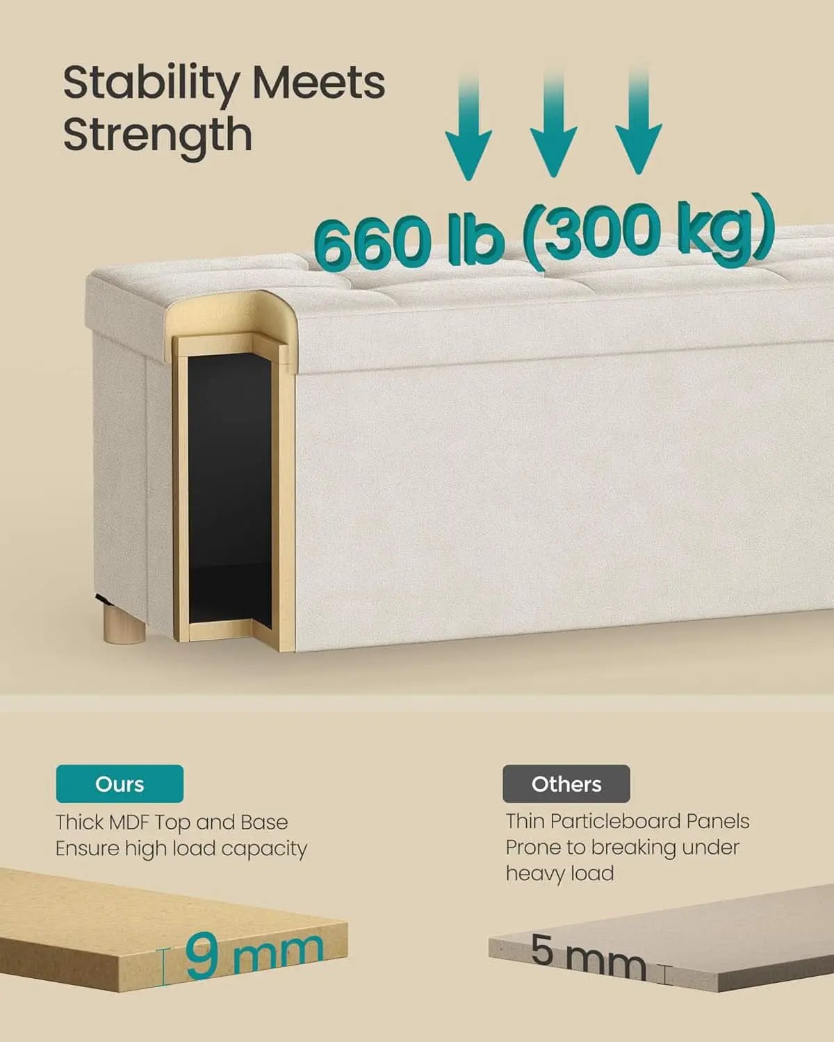 Cappuccino Beige Velvet Storage Ottoman Bench Folding from PriceLows™