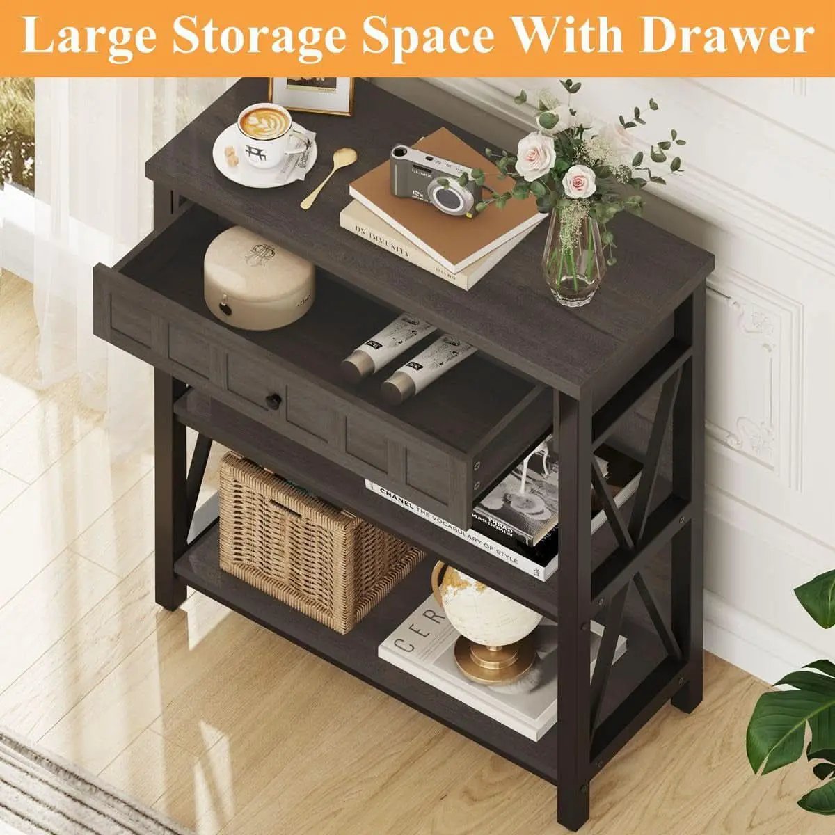 Rustic Bookshelf With Drawer Walnut Brown Industrial Wood And Metal from PriceLows™