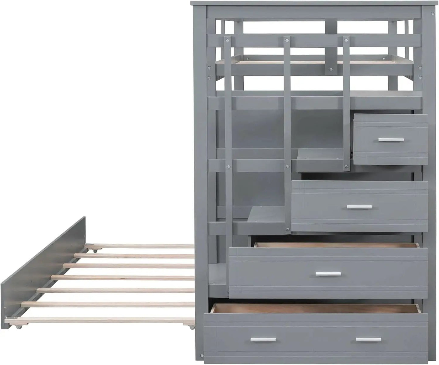 Natural Gray Twin Bunk Bed With Trundle And Stairs from PriceLows™