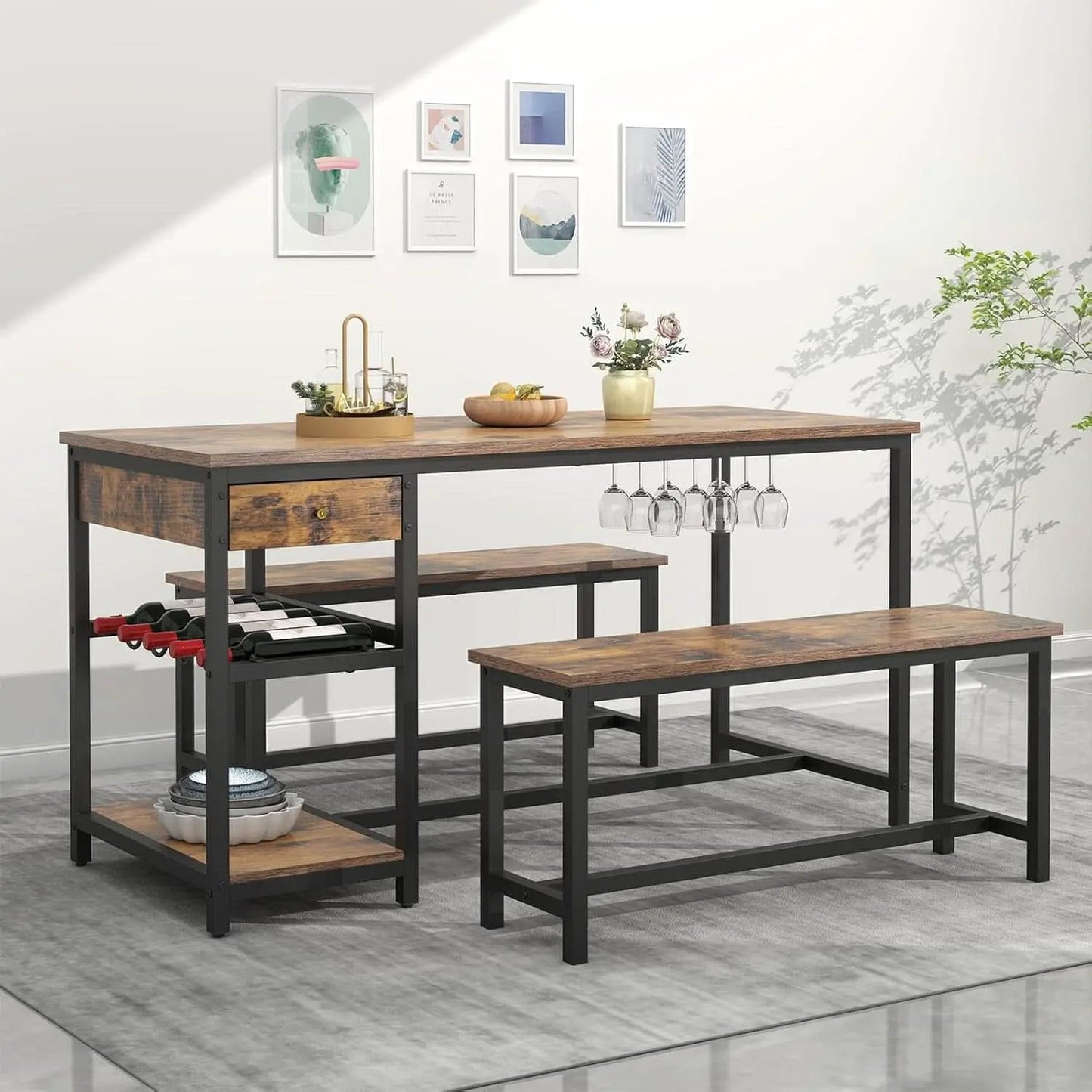 Rustic Dining Table Set For 4 To 6 With Storage Drawer from PriceLows™