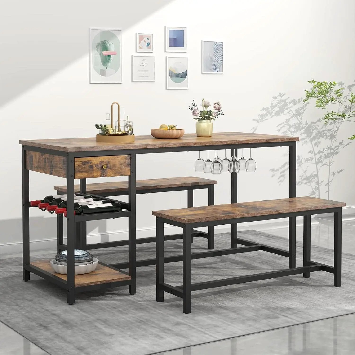 Rustic Dining Table Set For 4 To 6 With Storage Drawer from PriceLows™