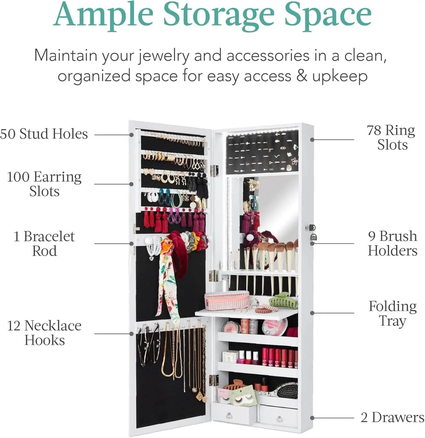 White Led Mirror Jewelry Cabinet With Lock And Drawers from PriceLows™