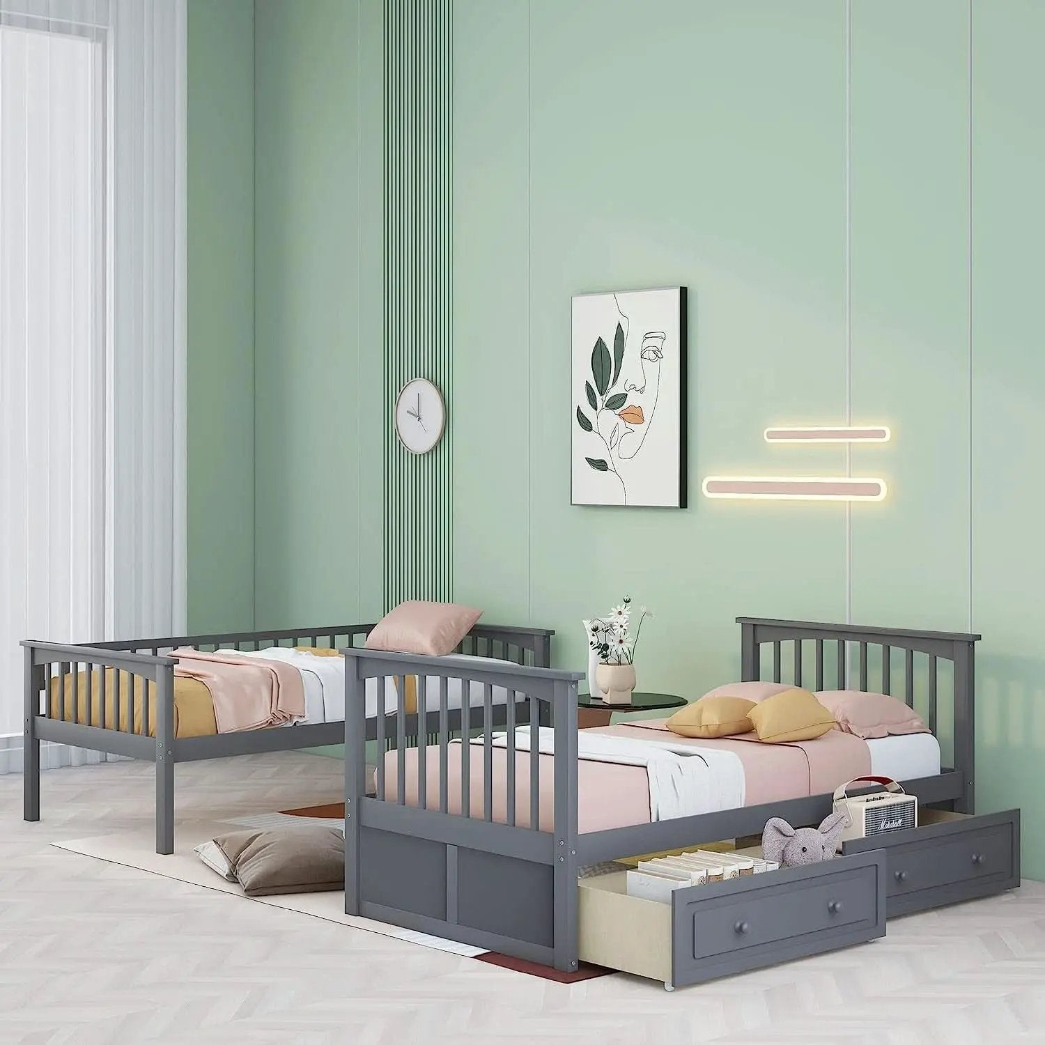 Grey Twin Bunk Bed With Storage Drawers Safety Rail from PriceLows™