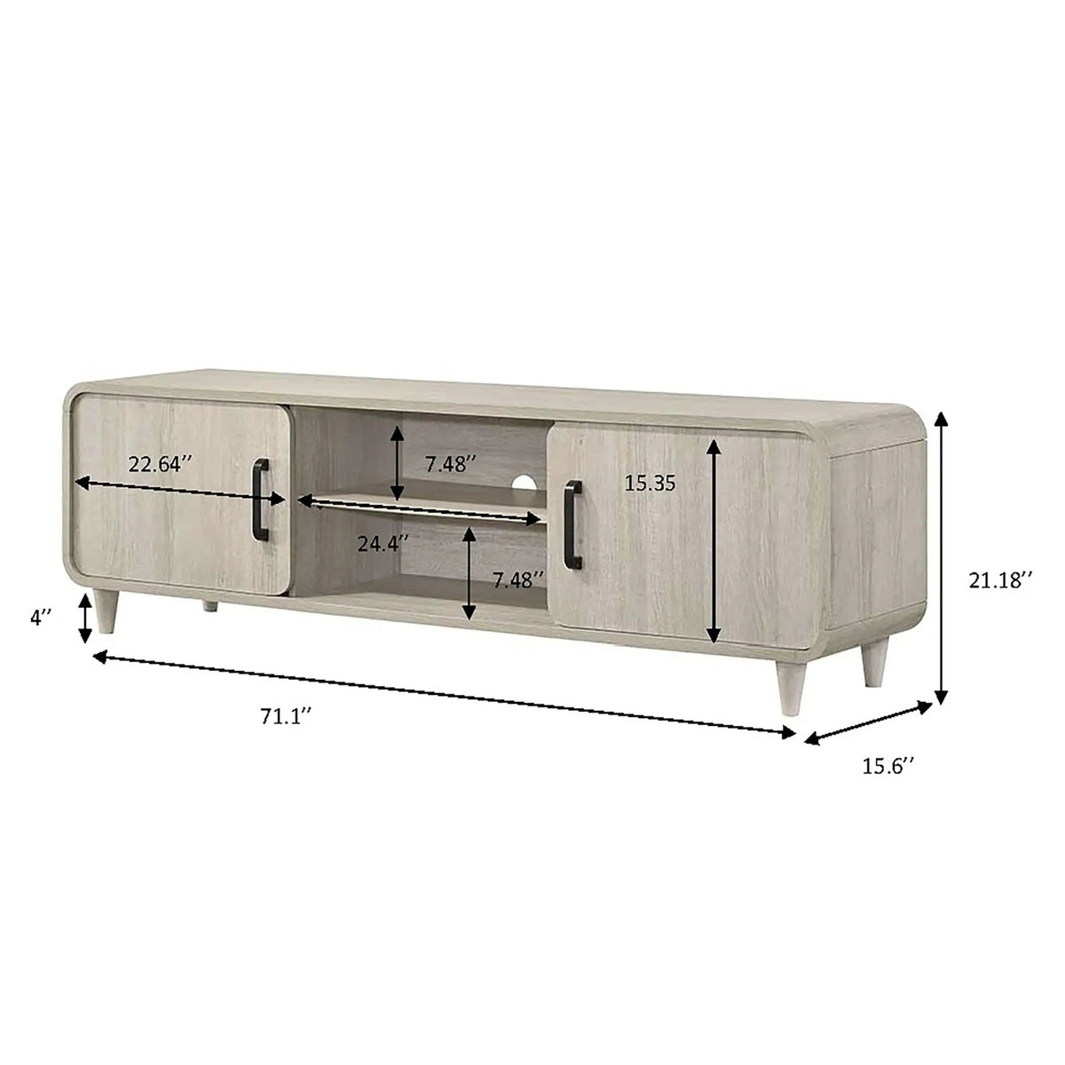 TV Stand With Sliding Doors | Mid-Century Modern | Antique White Finish | Open Shelves