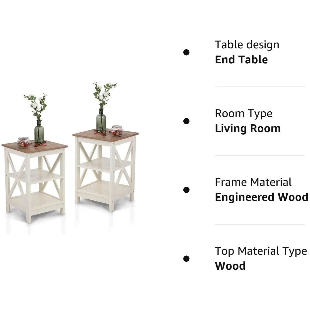 Rustic Ivory End Table Set Of 2 With Shelves 23.6 Inch from PriceLows™