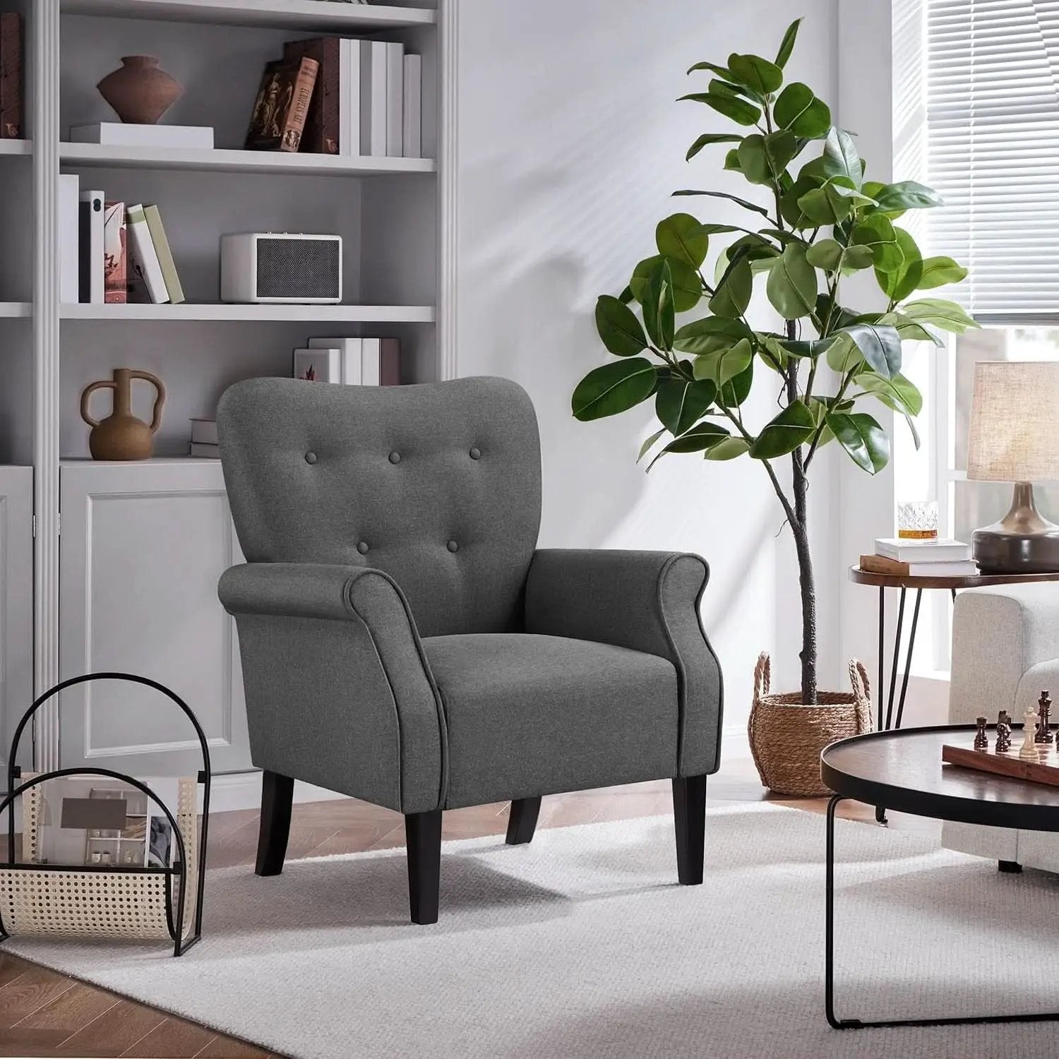 Dark Gray Mid Century Upholstered Armchair Tufted Back from PriceLows™