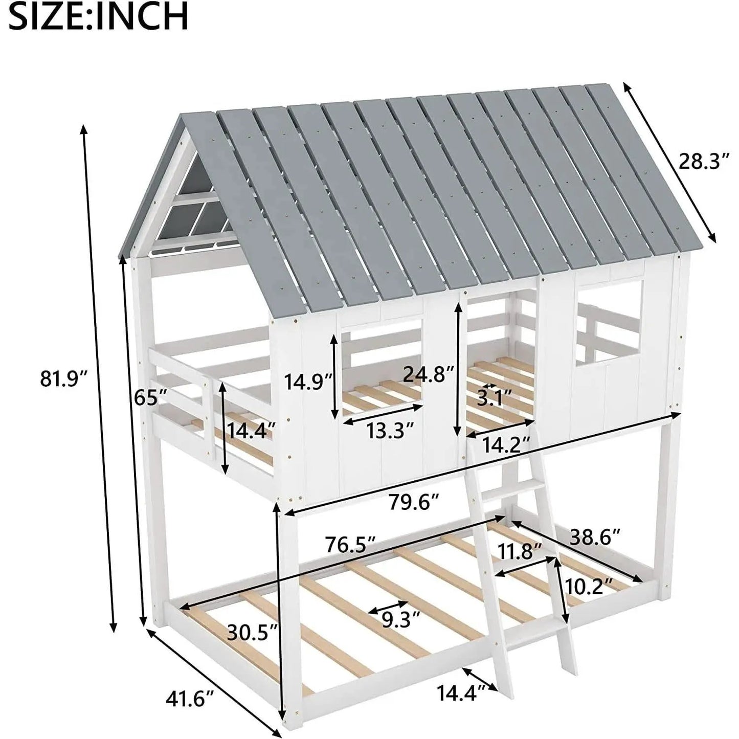 Twin House Bunk Bed With Playhouse White And Gray Finish from PriceLows™