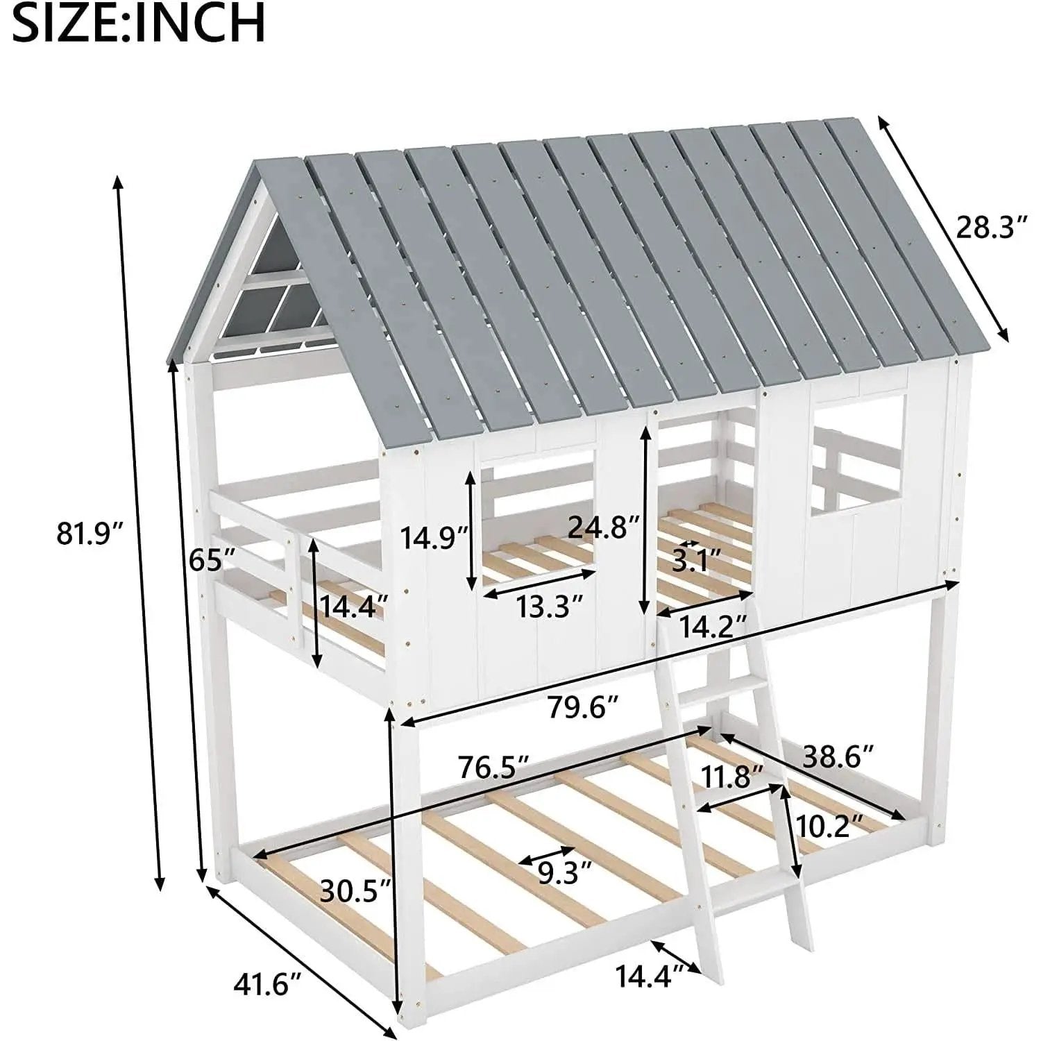 Twin House Bunk Bed With Playhouse White And Gray Finish from PriceLows™