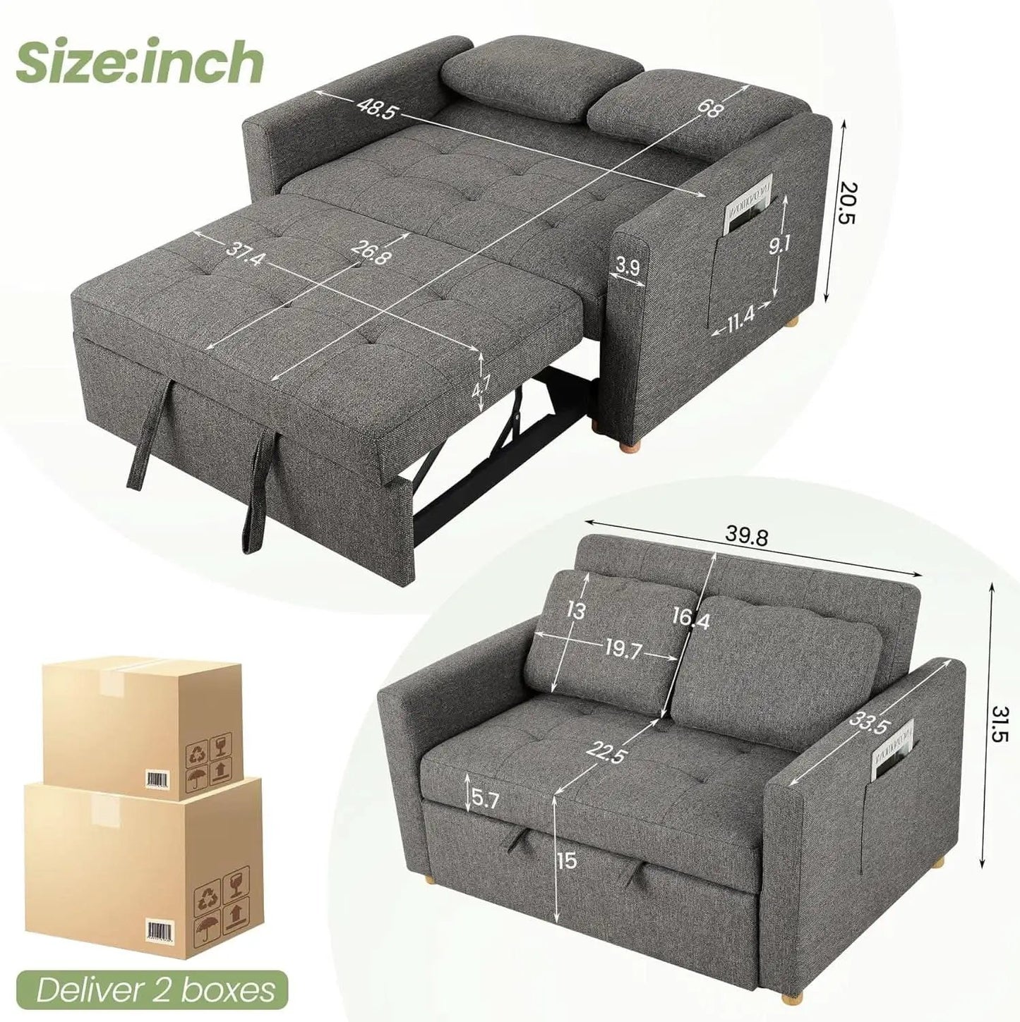 Sleeper Sofa Bed, 3-In-1 Convertible Sofa Chair, Linen Fabric Pull Out Couch Bed, Loveseat Sleeper with Spring Support, Adjustable Backrest, 2 Seater Recliner Chair for Small Space, Dark Grey from PriceLows™