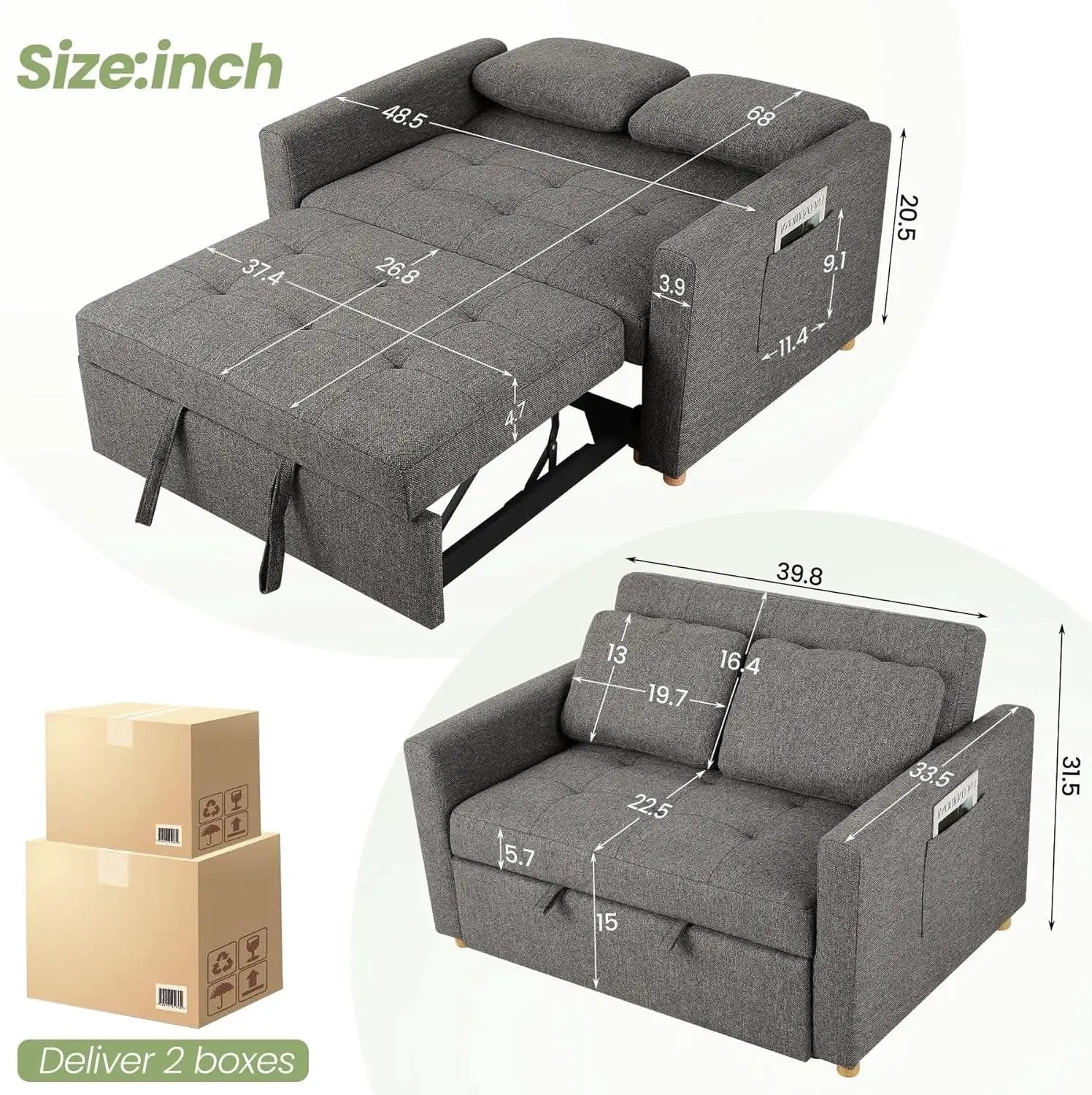 Sleeper Sofa Bed, 3-In-1 Convertible Sofa Chair, Linen Fabric Pull Out Couch Bed, Loveseat Sleeper with Spring Support, Adjustable Backrest, 2 Seater Recliner Chair for Small Space, Dark Grey from PriceLows™