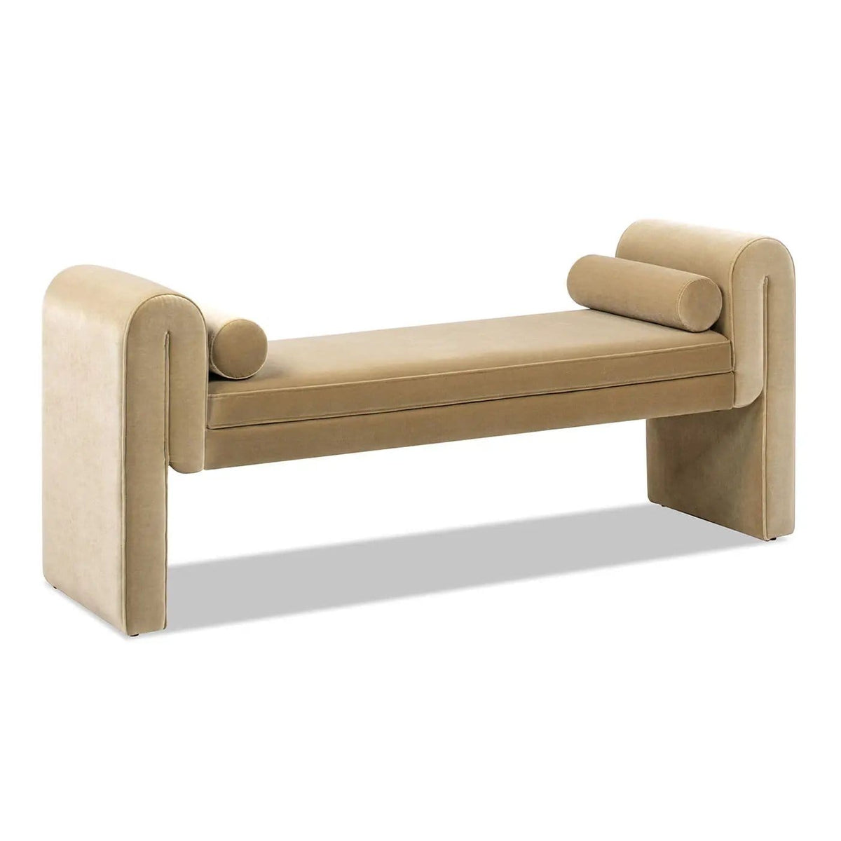 Mason Arched Arm Bench With Bolster Pillows | 60.5 x 18 x 25 in | Velvet & Polyester | Camel Brown Beige