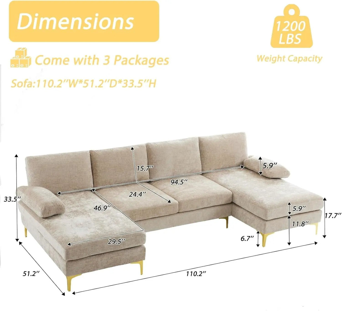 Convertible Sectional Sofa 110 Inch Camel U Shape from PriceLows™