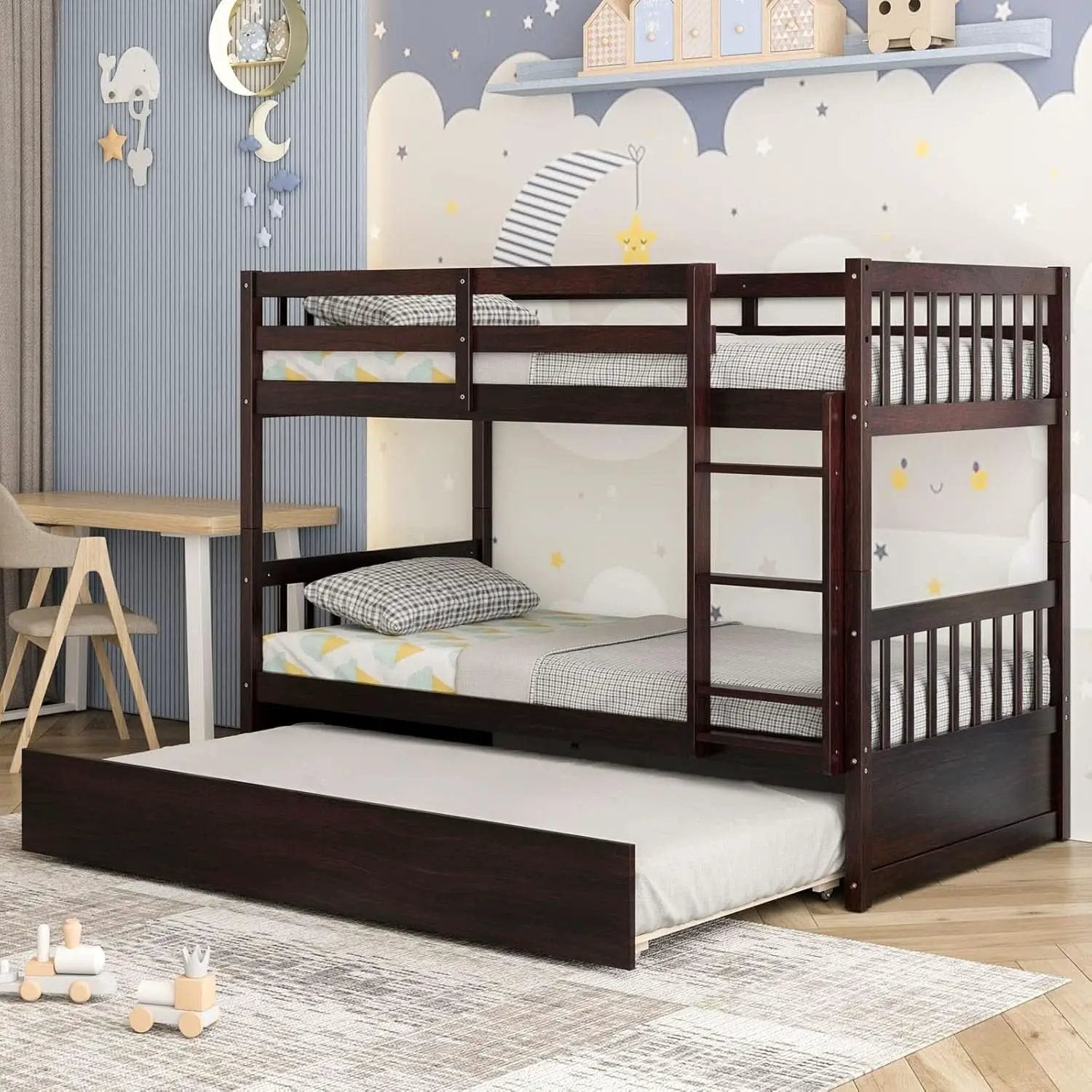 Twin Over Twin Bunk Bed With Trundle In Espresso Solid Wood from PriceLows™