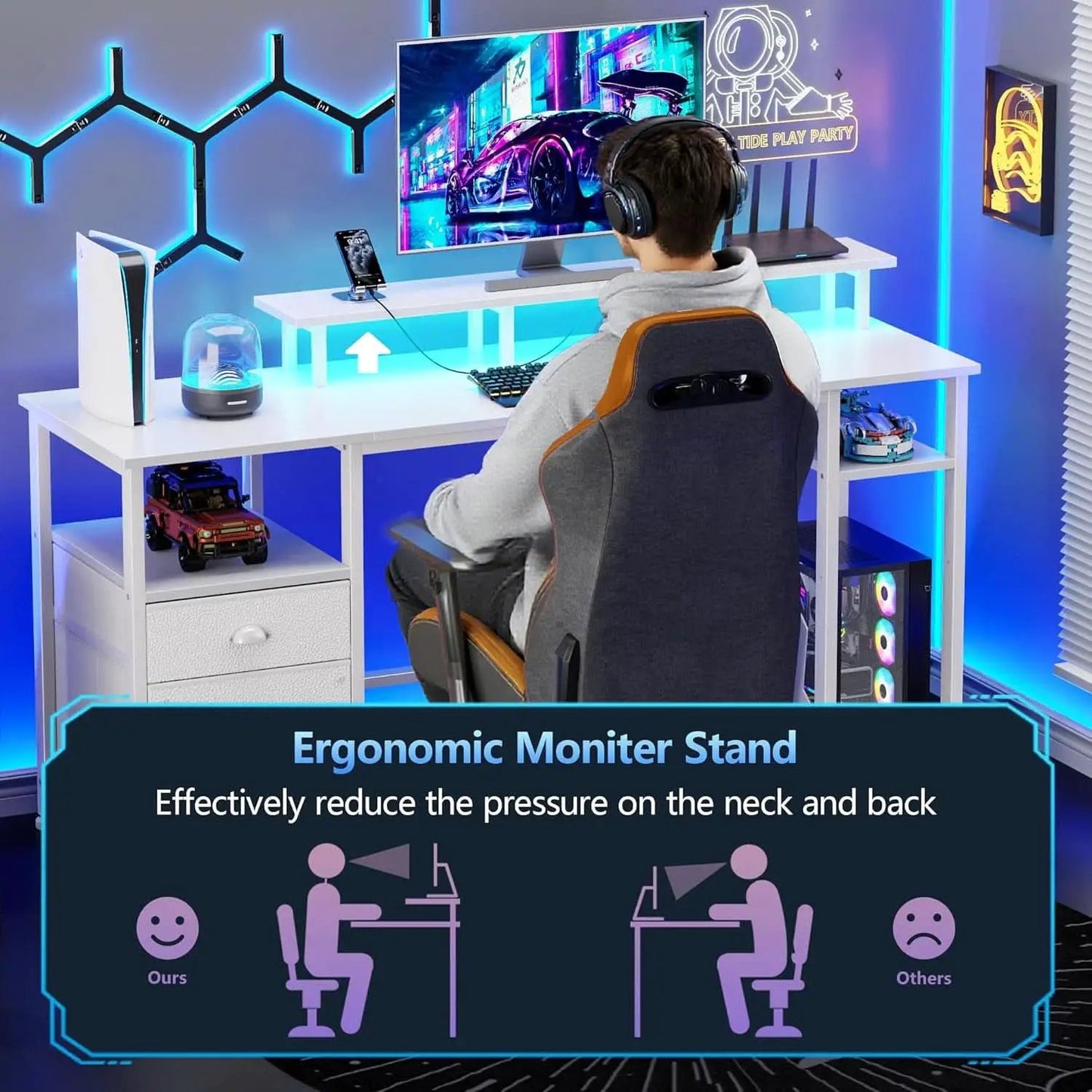 61 Inch Computer Desk With Integrated Power Outlet LED from PriceLows™