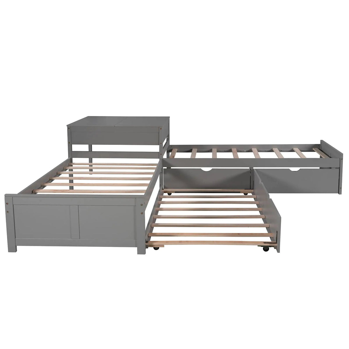 L Shaped Platform Bed | Built In Desk | Trundle With Drawers | Twin Size