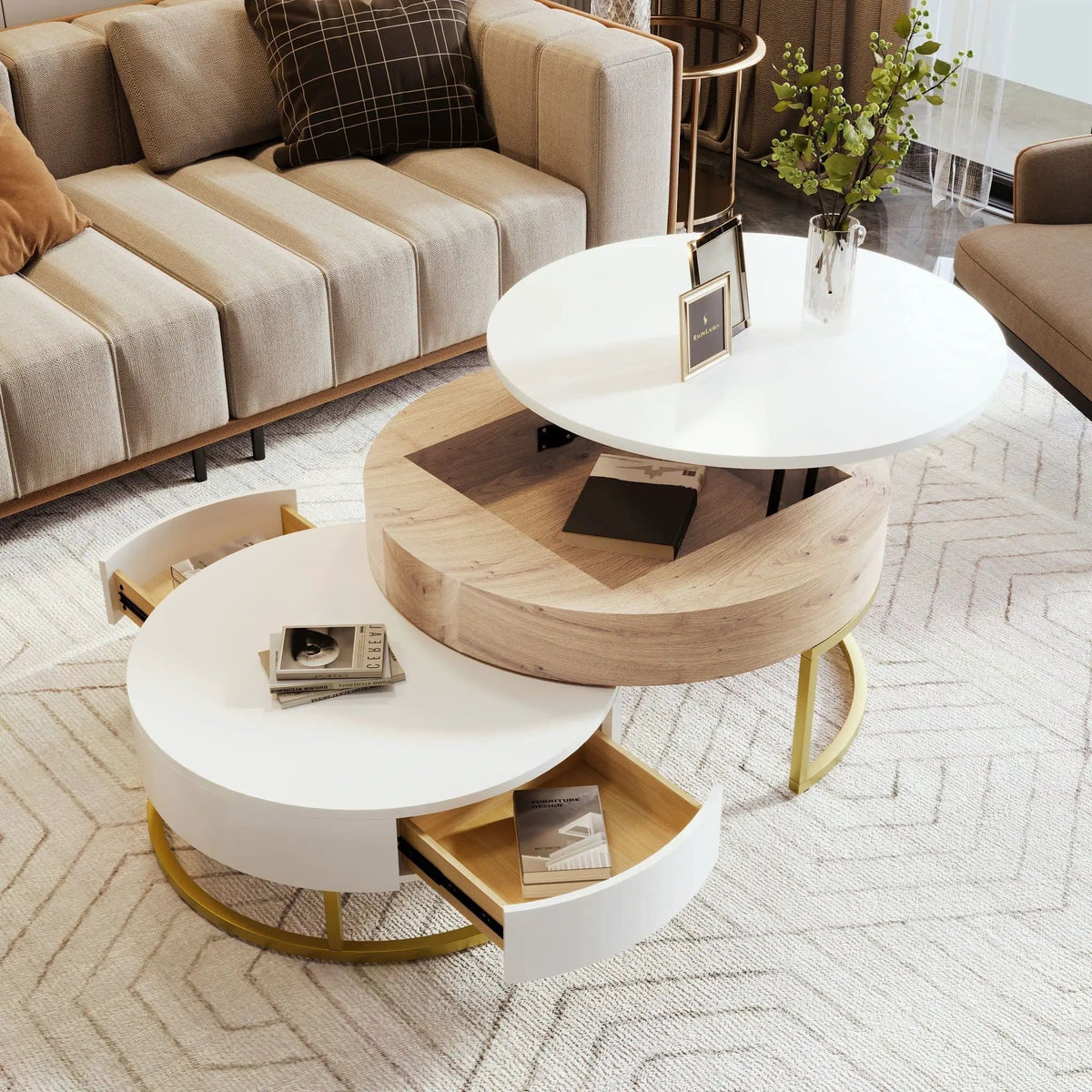 Modern Round Lift-Top Nesting Coffee Tables With 2 Drawers | 31.5 x 31.5 x 15.7 in | Metal | Living Room