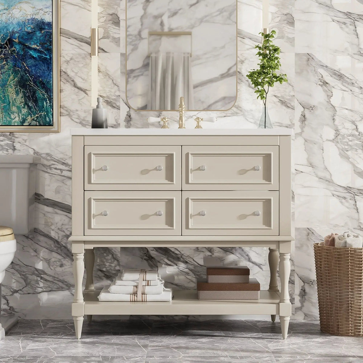 36 Inch Bathroom Vanity With Undermount Sink | 4 Extension Drawers | Solid Wood Frame | Ceramic Sink