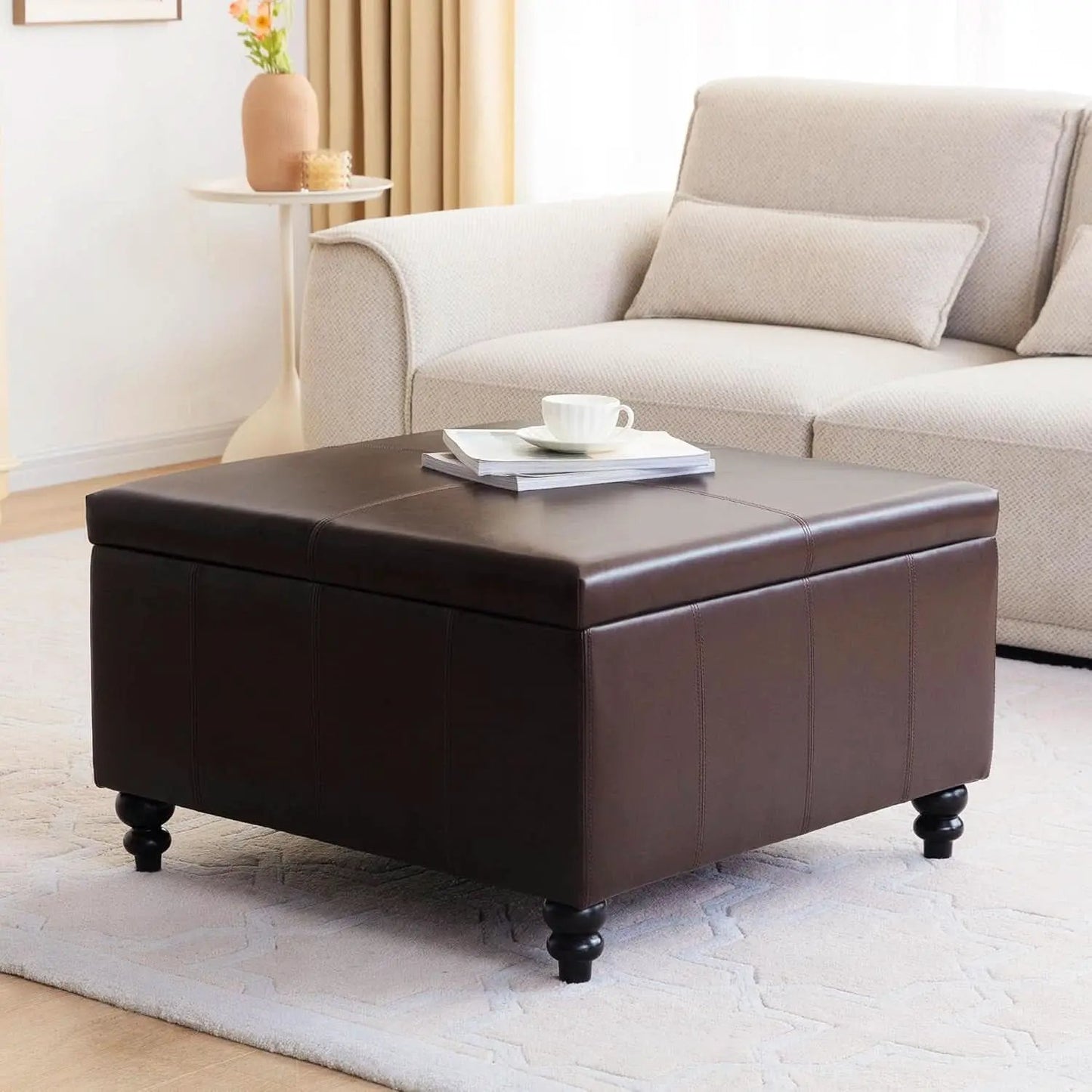Square Leather Storage Ottoman 30-Inch Brown Durable from PriceLows™