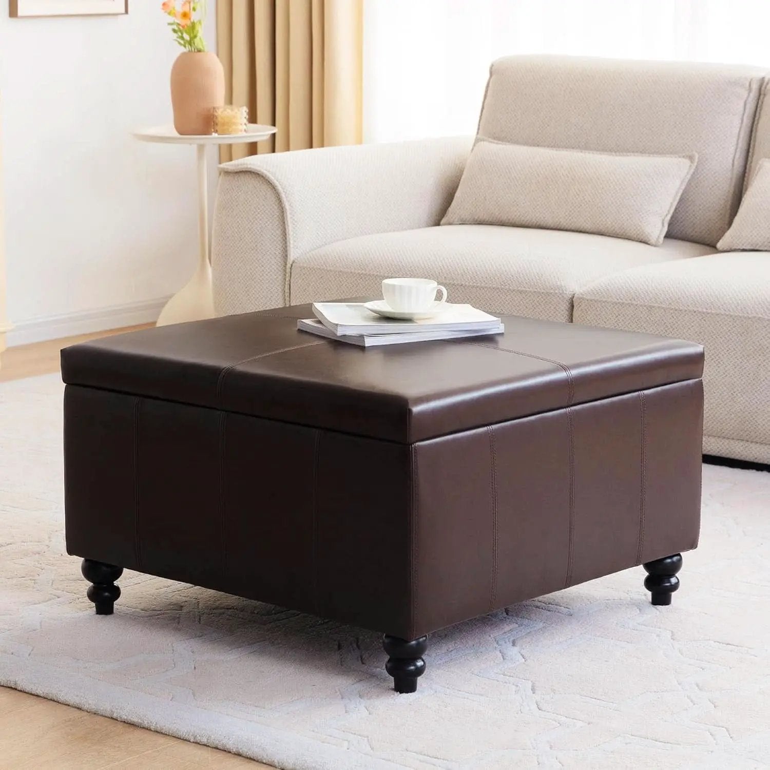 Square Leather Storage Ottoman 30-Inch Brown Durable from PriceLows™