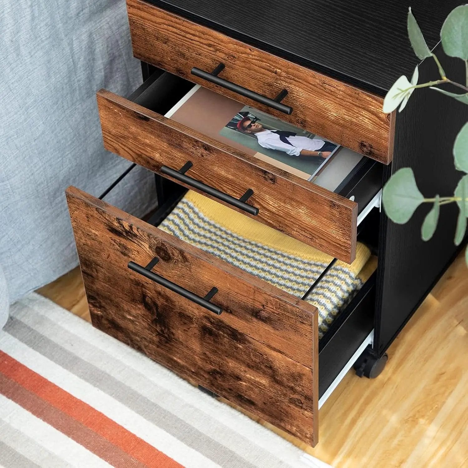 Wooden Three Drawer File Cabinet Under Desk Fits A4 Letter Size Rustic Brown Black Finish With Rolling Storage from PriceLows™