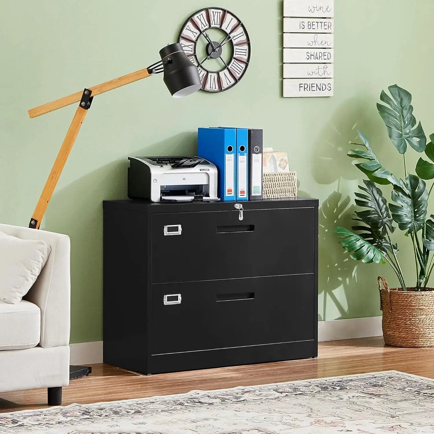 Metal Lateral File Cabinet With Lock 2 Drawer Black Steel from PriceLows™