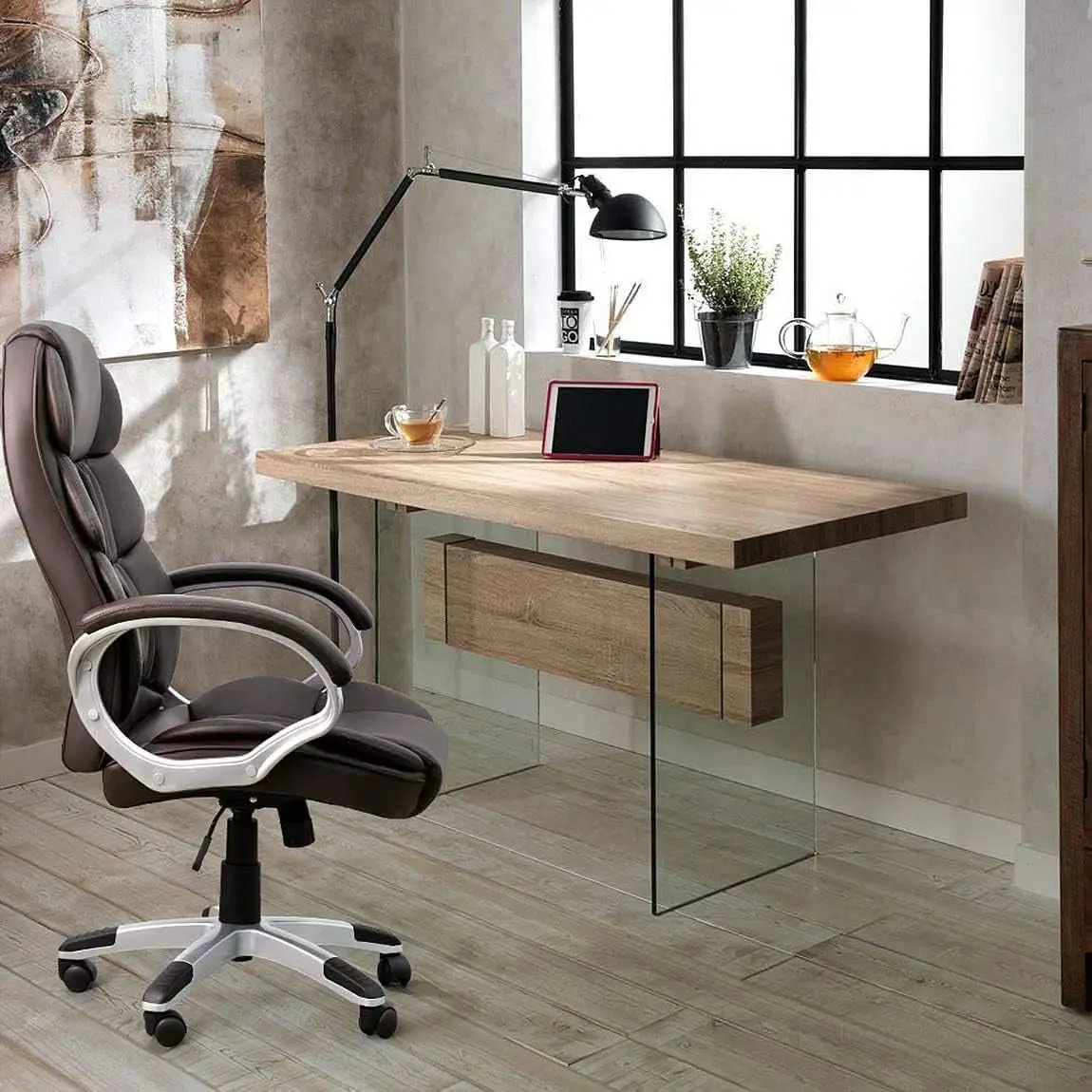 Ergonomic High Back Office Chair Lumbar Brown PU Leather from PriceLows™