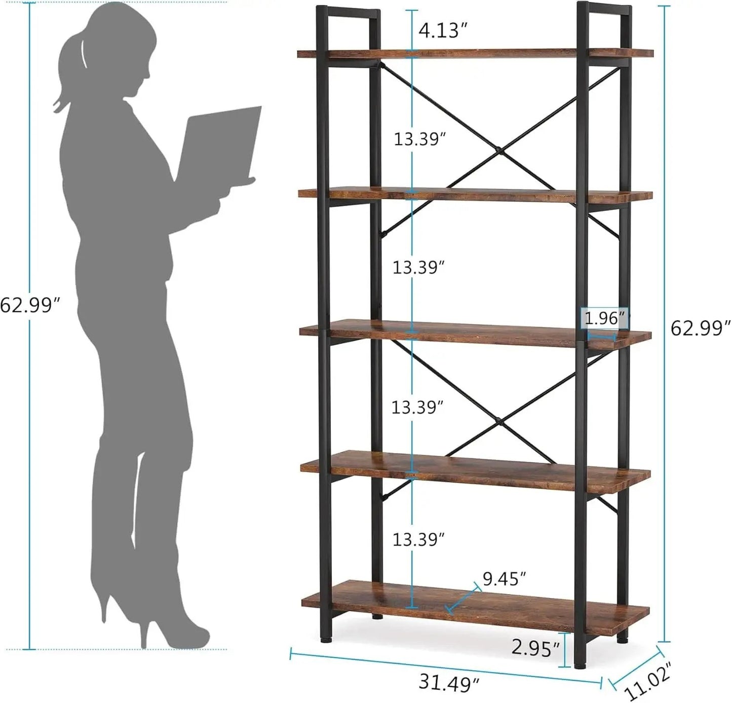 Industrial Rustic 5 Tier Etagere Bookshelf With Metal Frame from PriceLows™