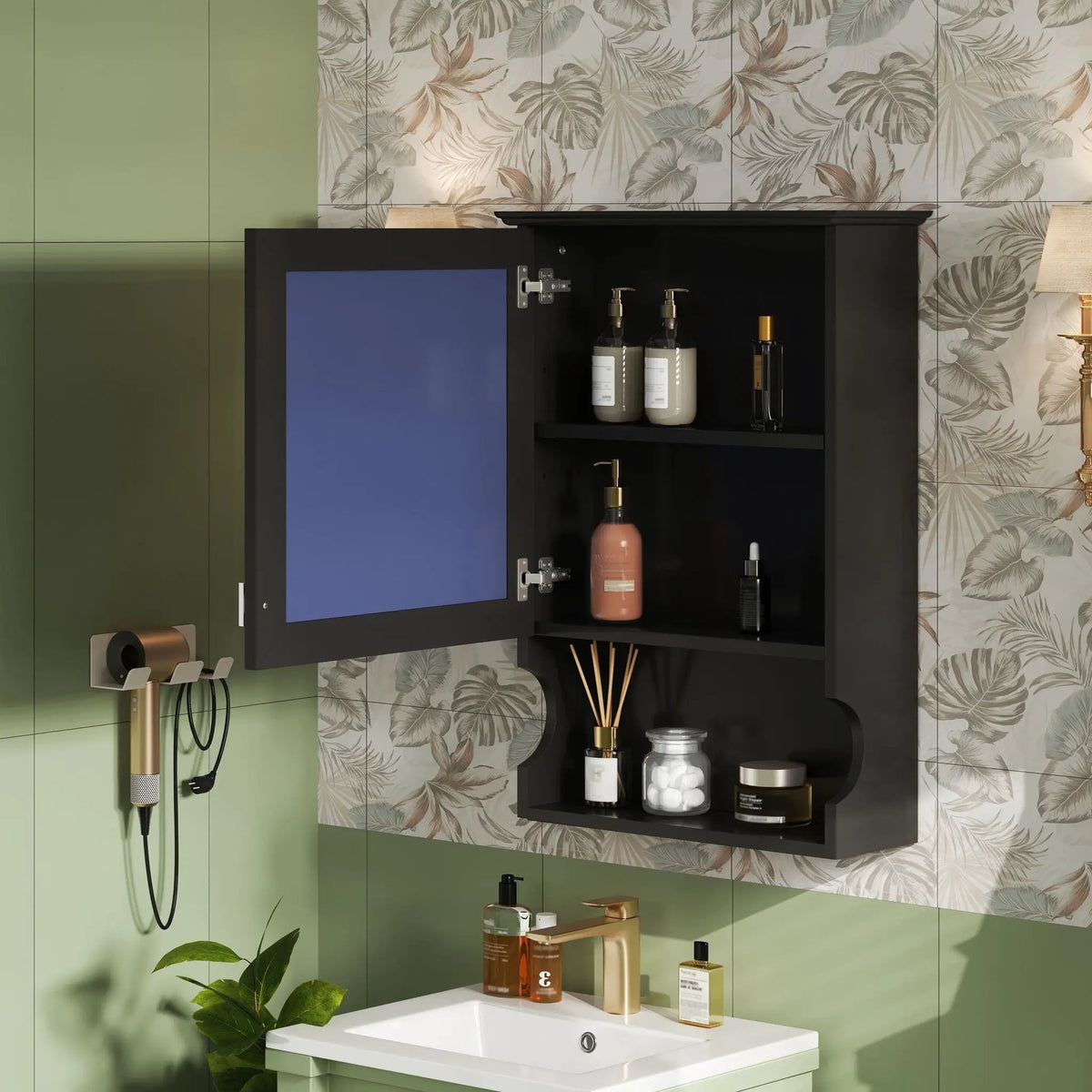 Half-Moon Wall Mounted Bathroom Cabinet | Mirror | Soft Closing Hinges | Open Shelving