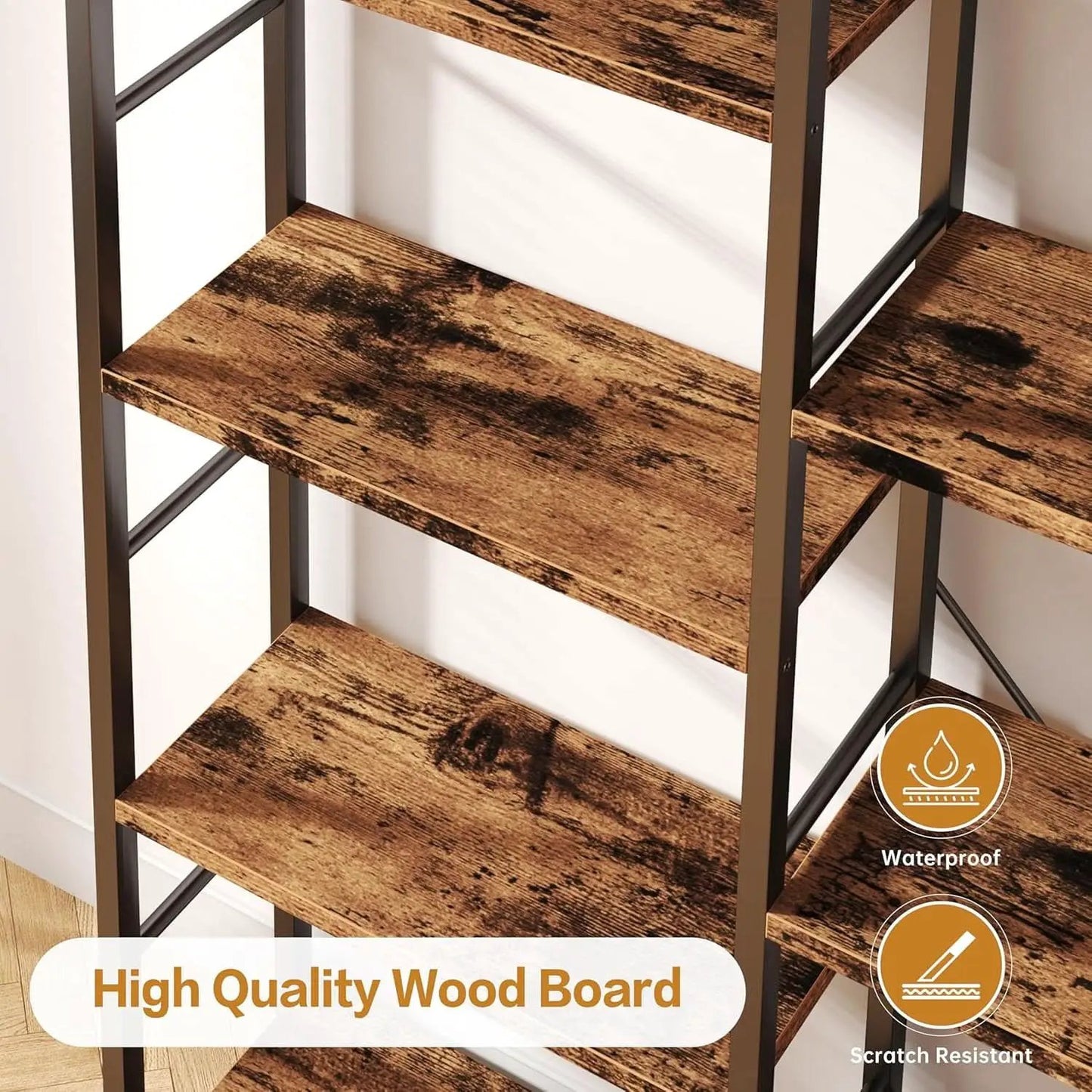 Rustic Brown Large Five Tier Bookshelf With Steel Frame from PriceLows™