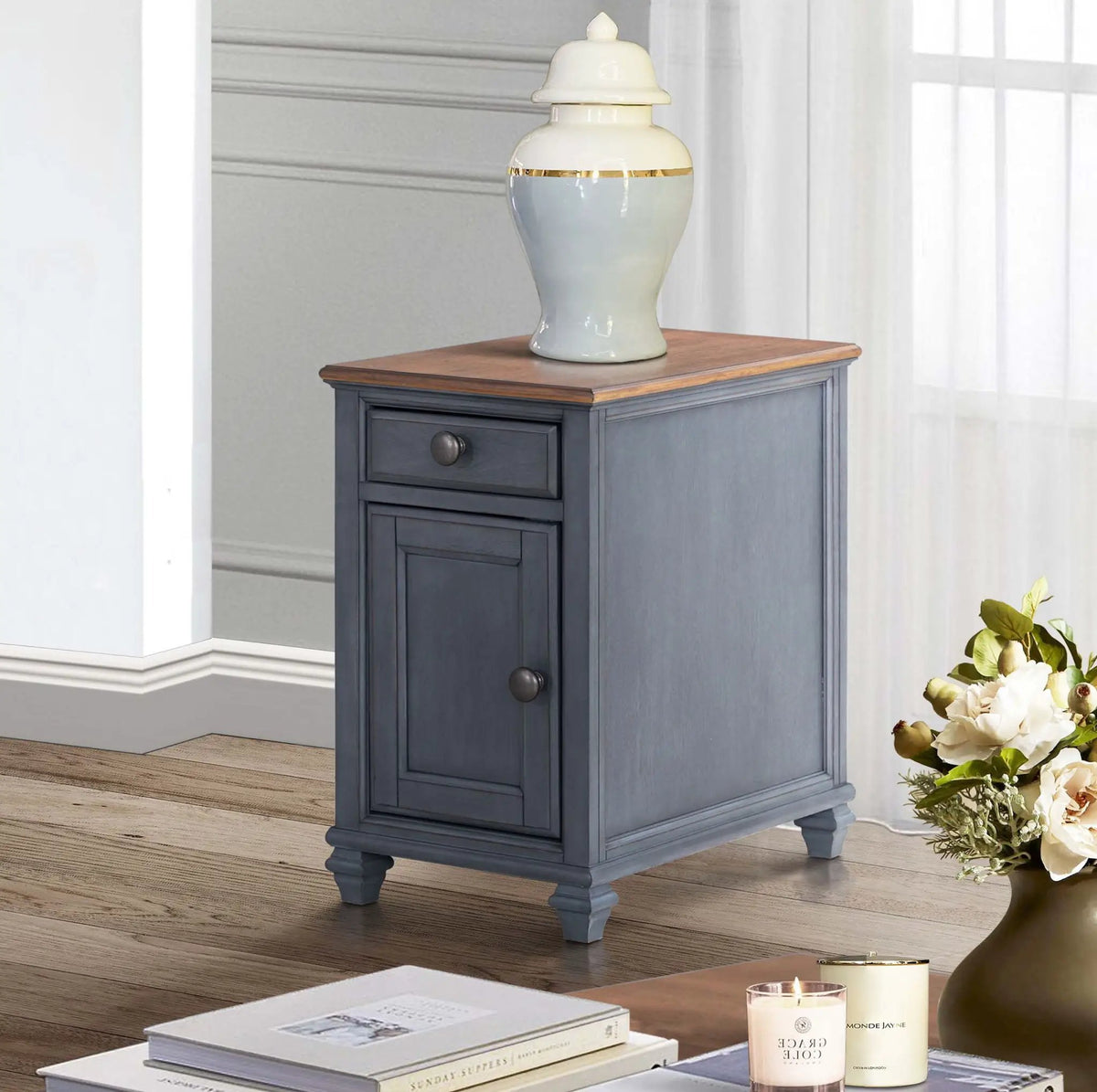 Americana Chairside Table | Blue | One Drawer And One Door | Interior Storage