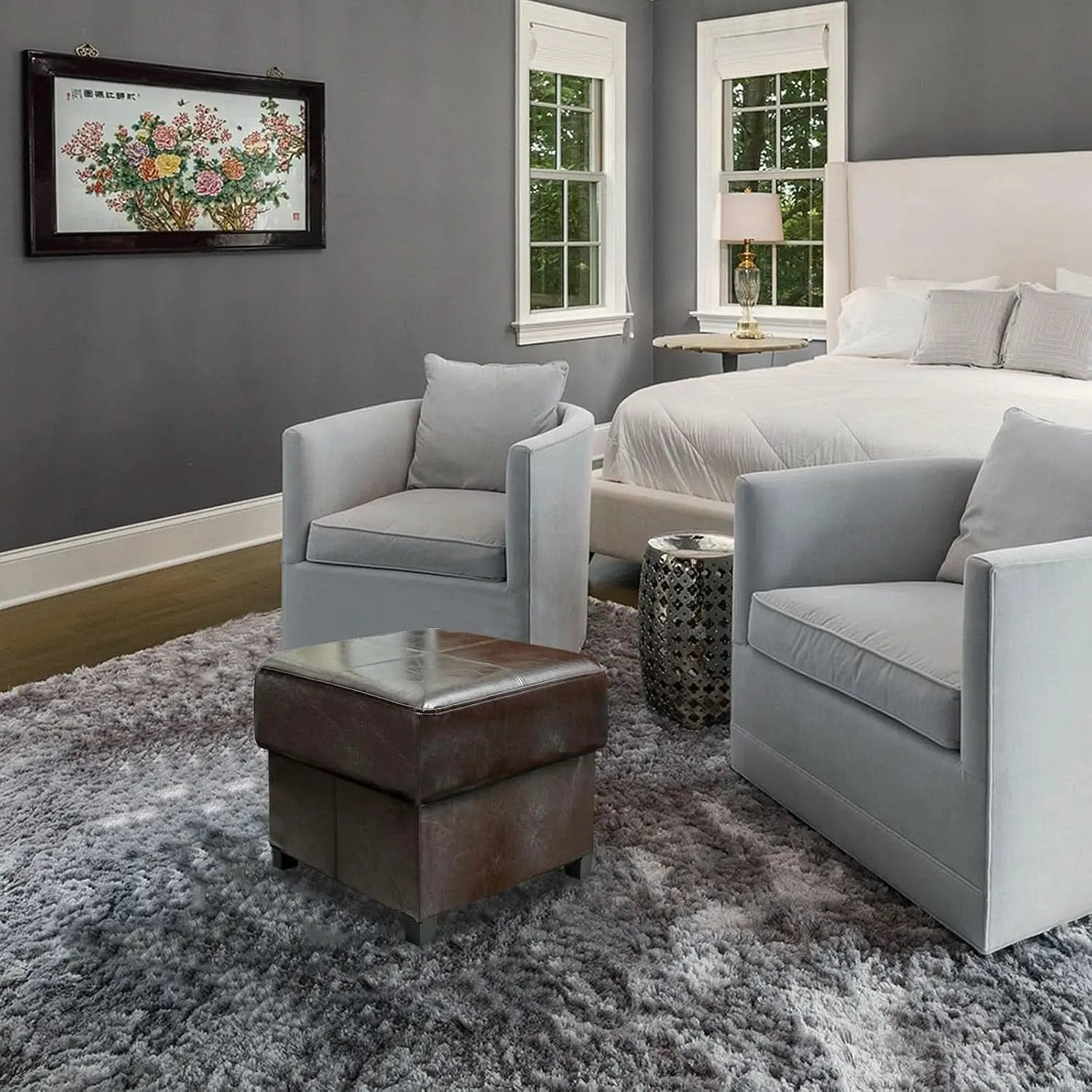 Brown PU Leather Storage Ottoman Featuring CushionedTop from PriceLows™