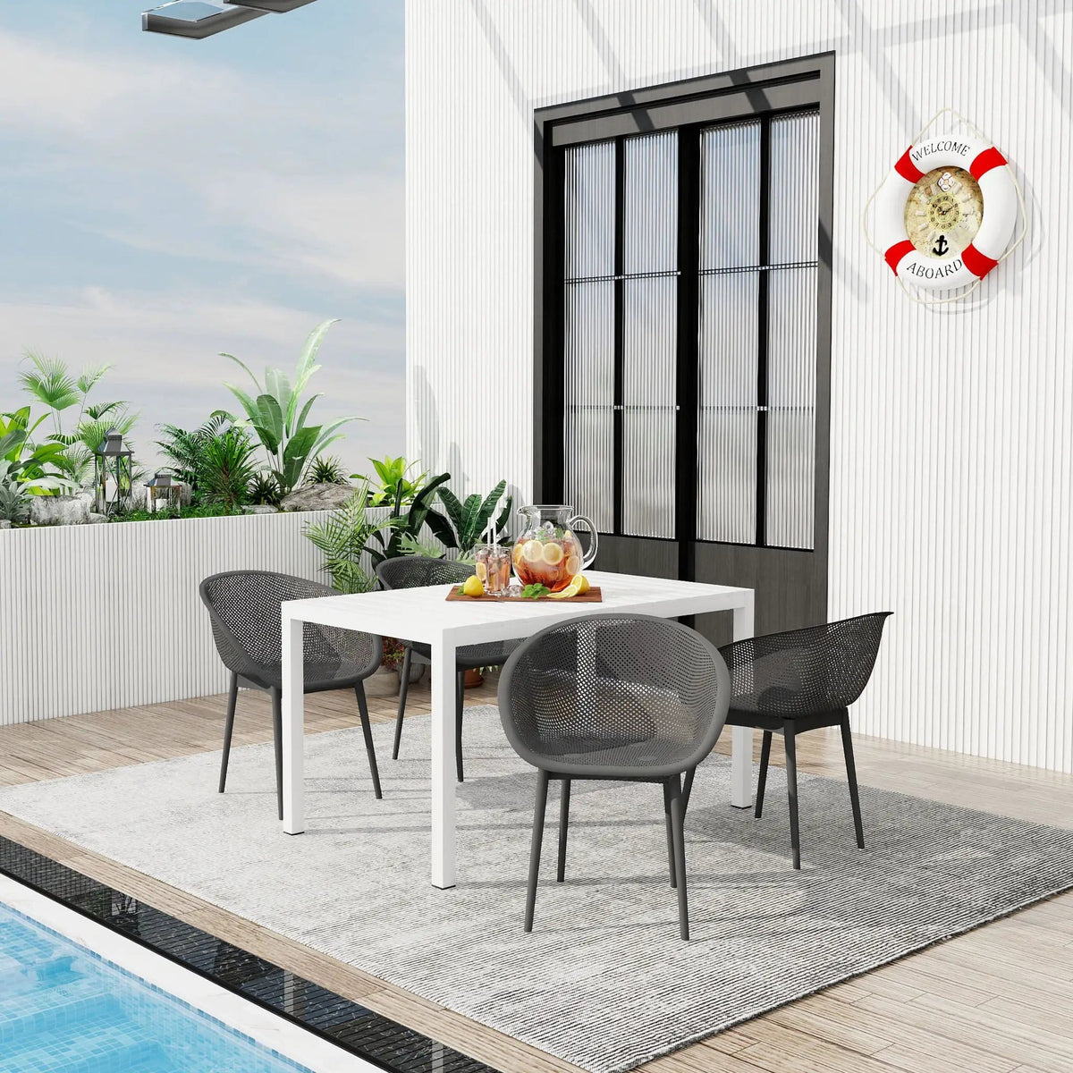 4 Pack Lounge Chair Set With Long Table | 5 Piece Outdoor Set | Metal | Dining Room