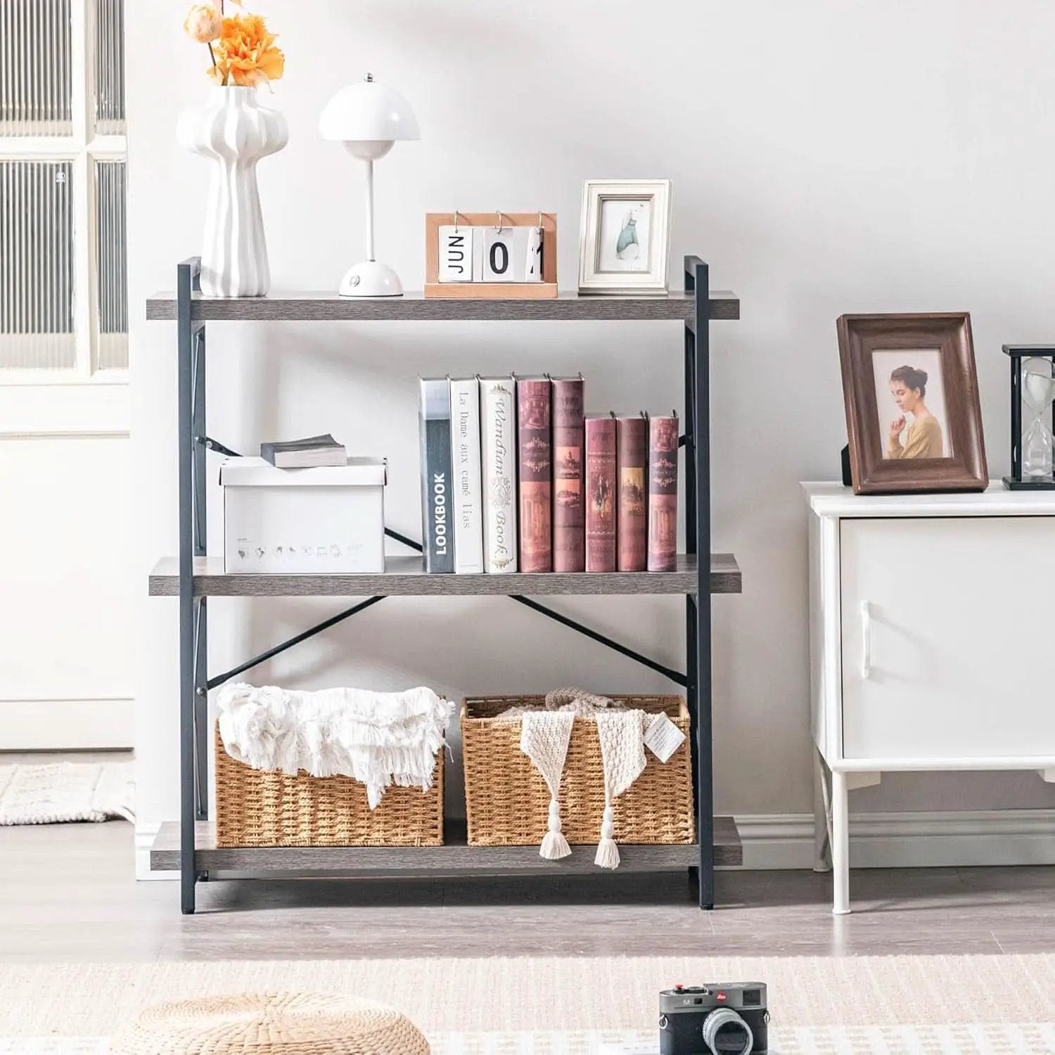 Three Tier Industrial Bookshelf With Rustic Open Metal Frame from PriceLows™