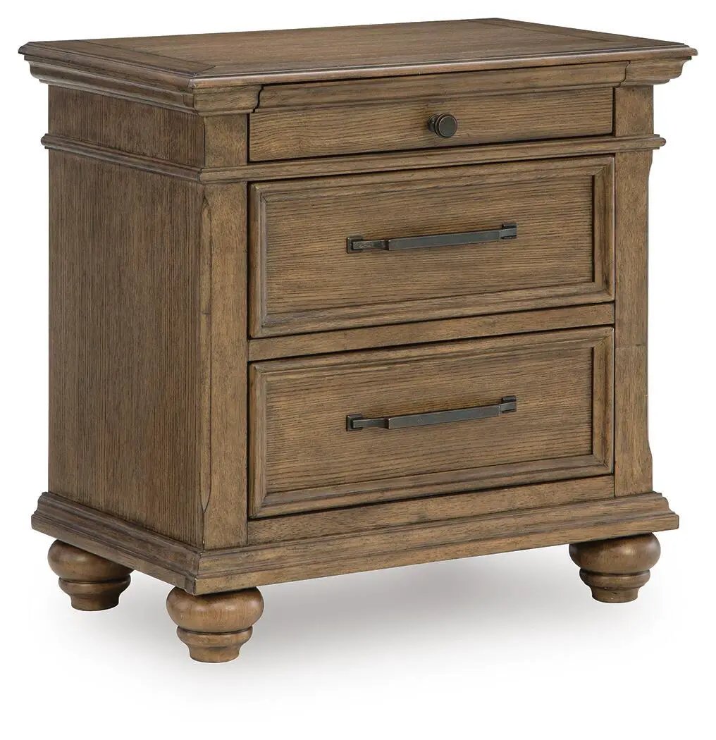 Karallin Three Drawer Nightstand | Medium Brown Finish | Oak Veneer | Lined Top Drawer