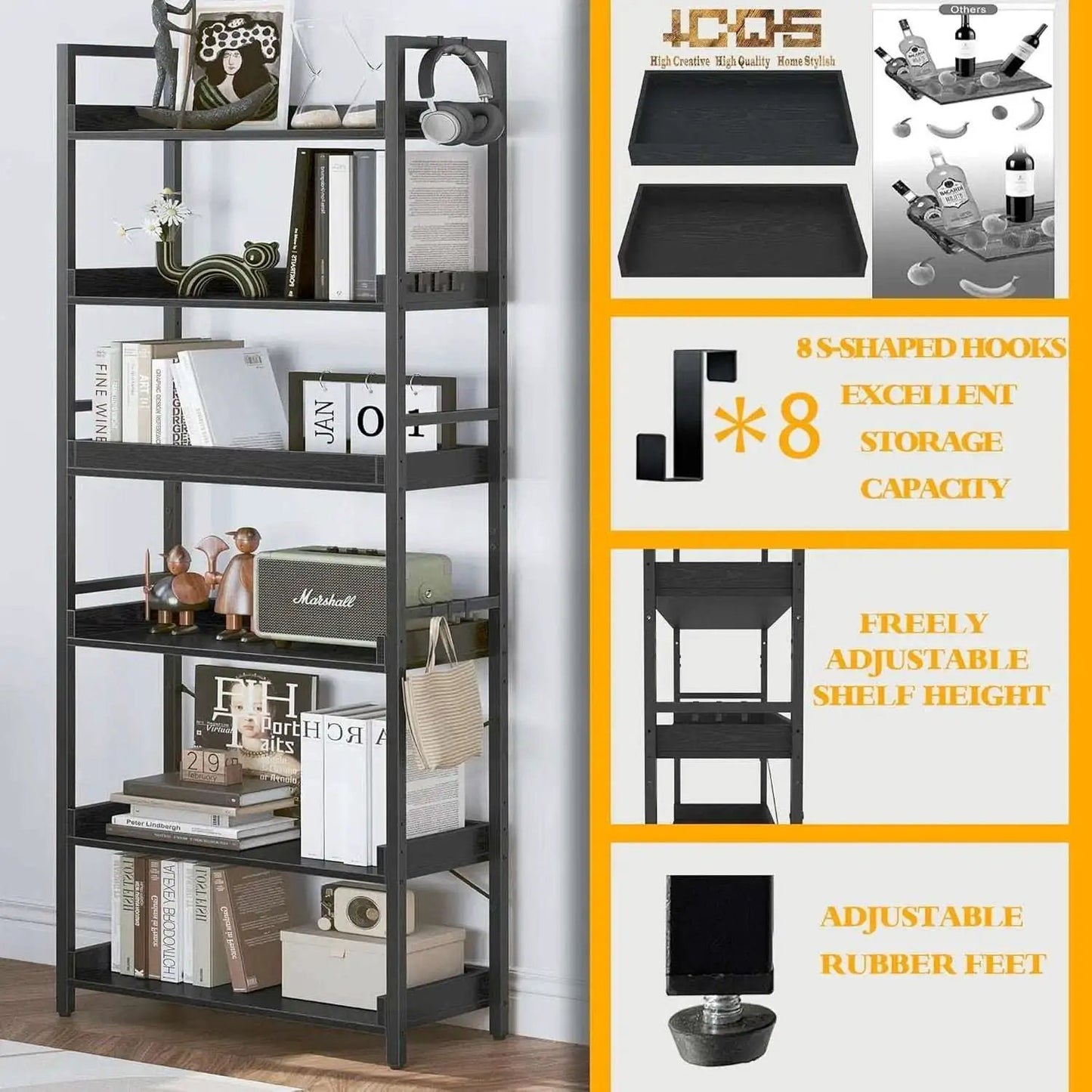 Adjustable Industrial Bookshelf 70 Inch Black Metal from PriceLows™