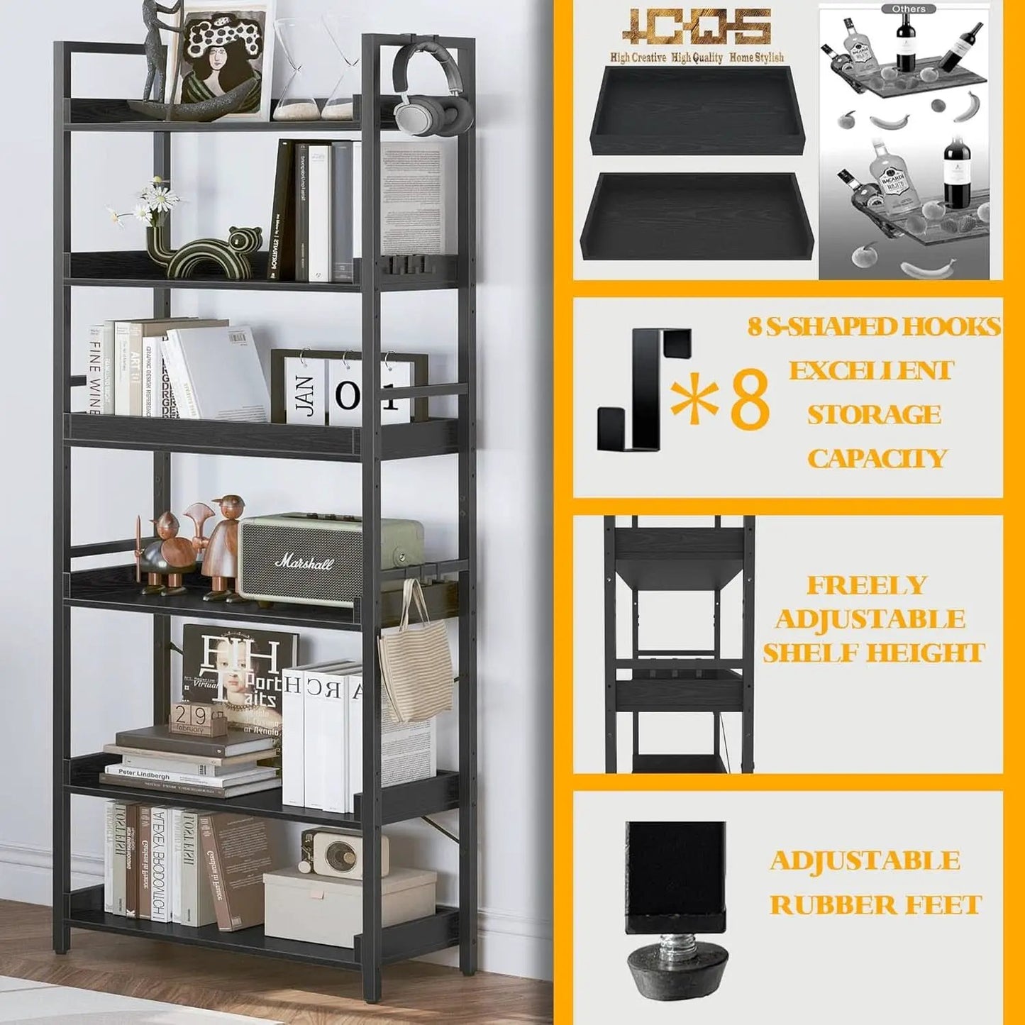 Adjustable Industrial Bookshelf 70 Inch Black Metal from PriceLows™