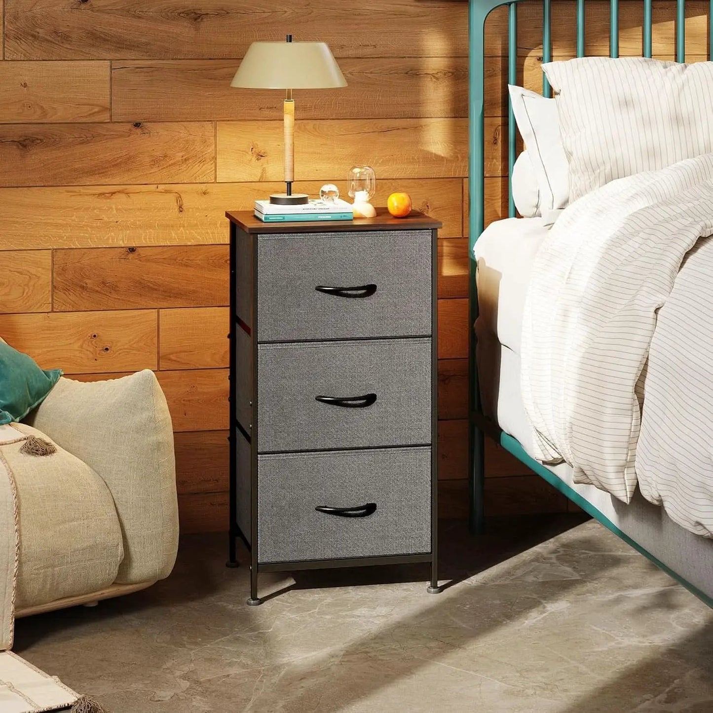 Dark Grey Dresser With 3 Drawers, Steel Frame, Wood Top from PriceLows™