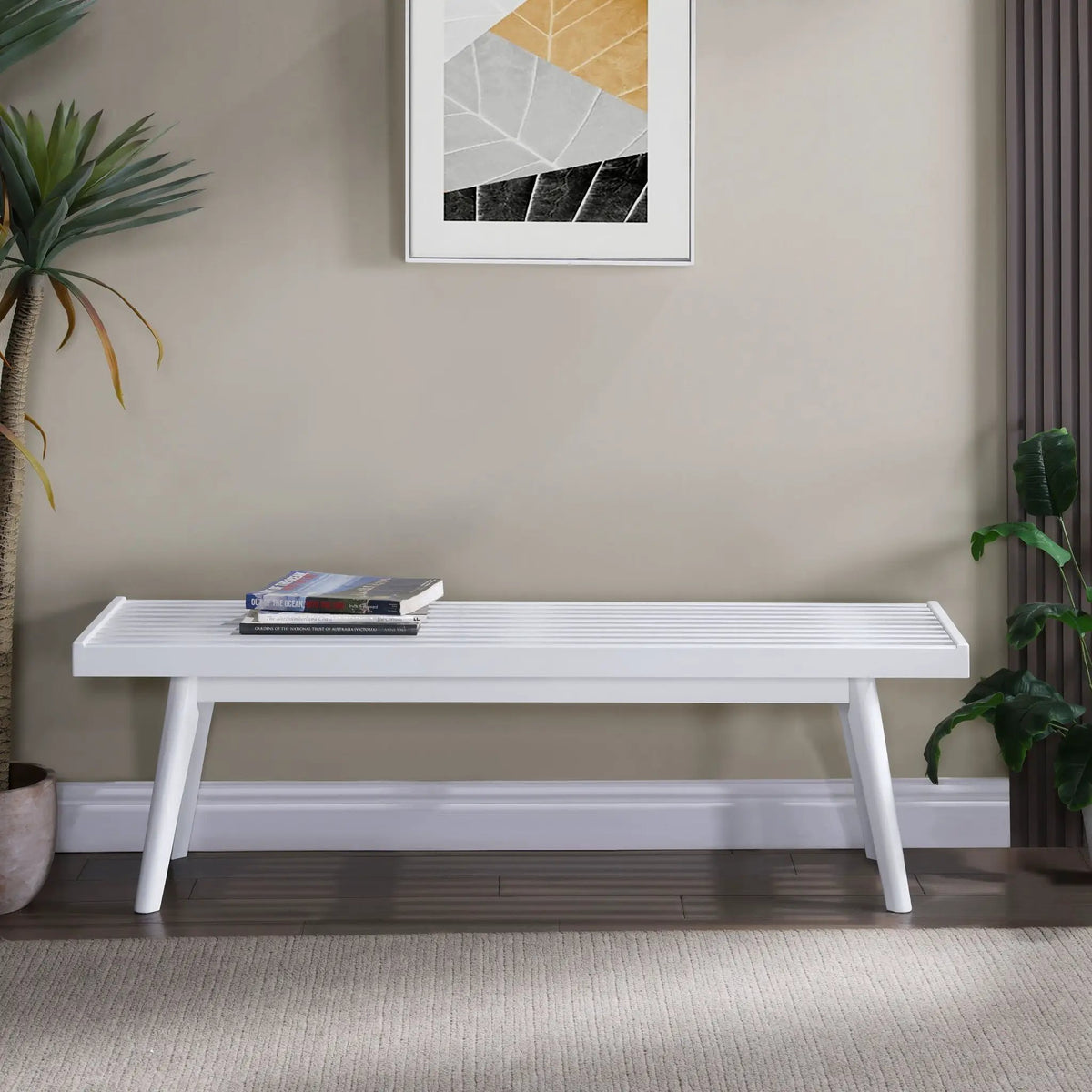 Larwich Slatted Bench | Solid Wood And New Zealand Pine | White Finish | Farmhouse Style