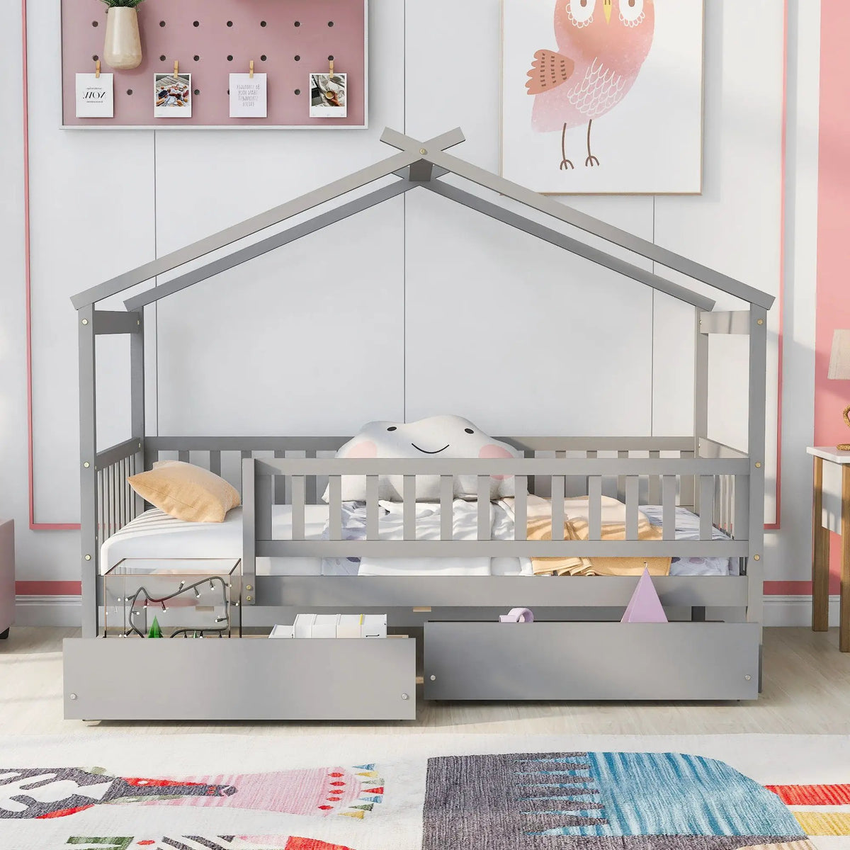 Kids House Bed With 2 Drawers | Sky Roof Design | Classic House Shape | 62.9 Inch Height